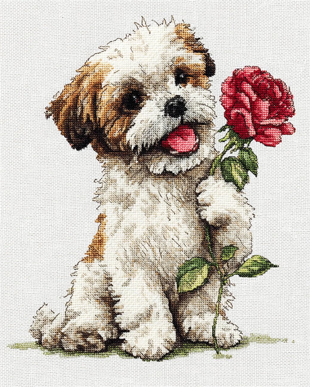 AxiangziK DIY Embroidery Kit Shih Tzu and Roses 11CT 50x70cm