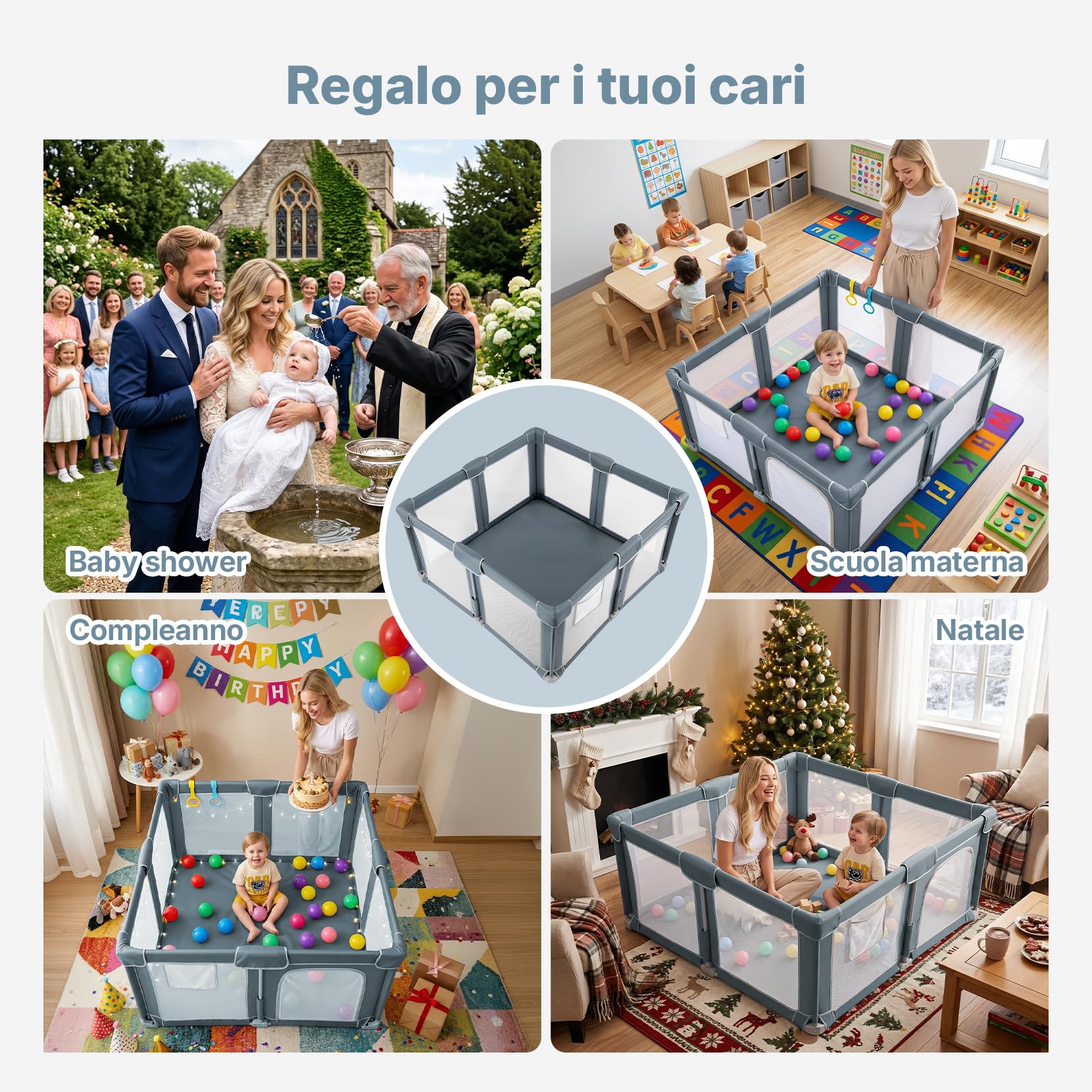 Dripex Box Bambini Pieghevole in Tessuto, 130x130 cm, con Tappeto Imbottito, Recinto Giochi Bebé Grigio Scuro, Area Gioco Protetta per Interno ed Esterno, con Borsa Trasporto, Anelli e Palline