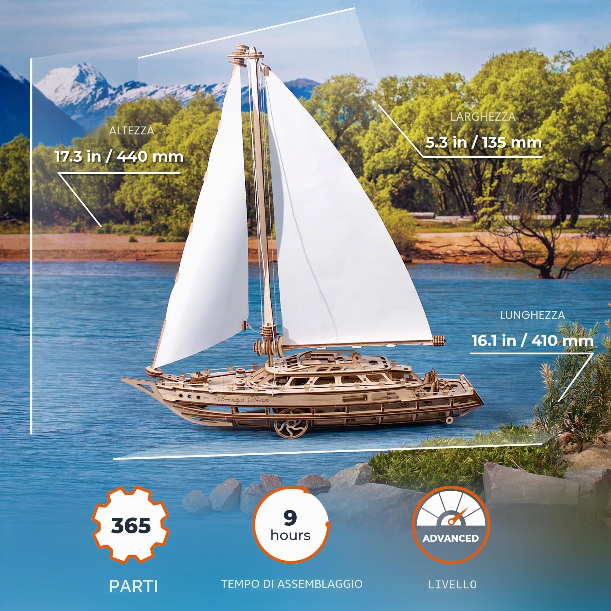 UGEARS Serenity's Dream - Puzzle 3D in legno per adulti in movimento meccanico a vela per adulti, modellismo yacht, kit fai da te per Natale