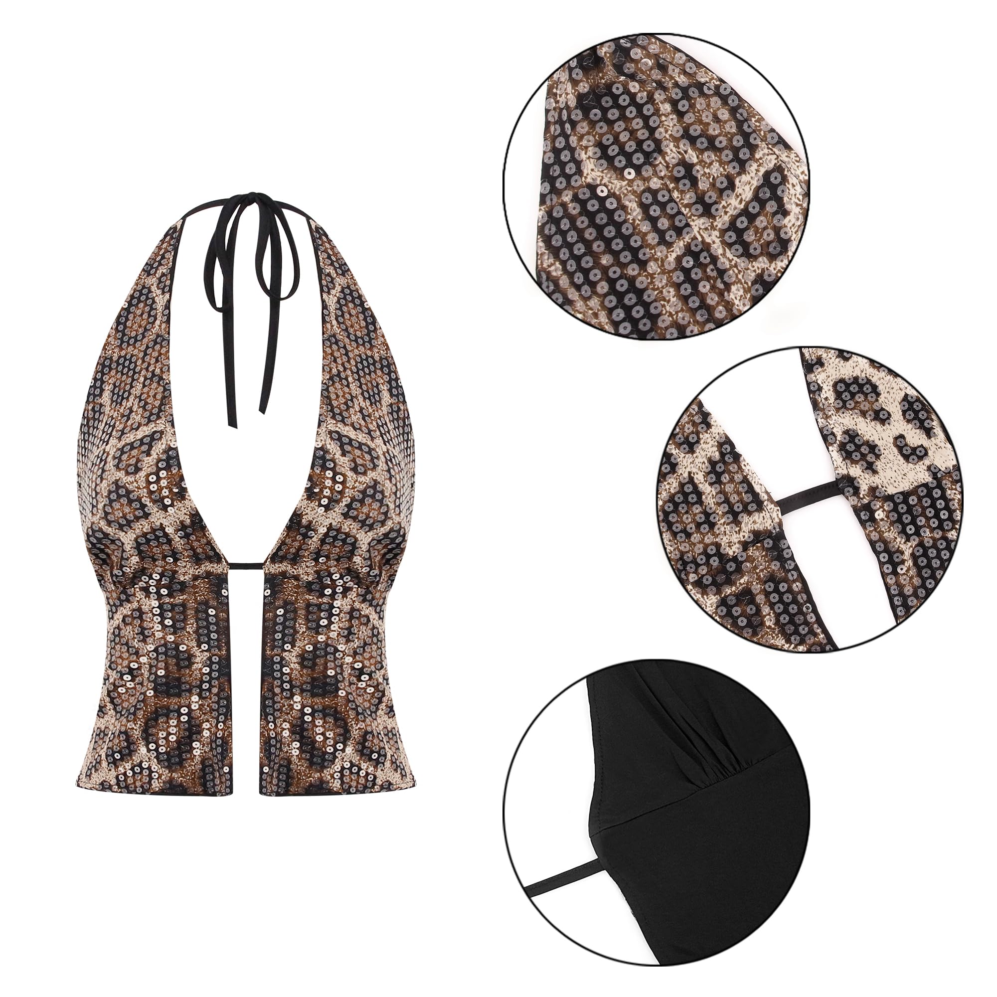 Canotta da donna con paillette, con scollo a leopardo, con spalline scoperte, crop top party club