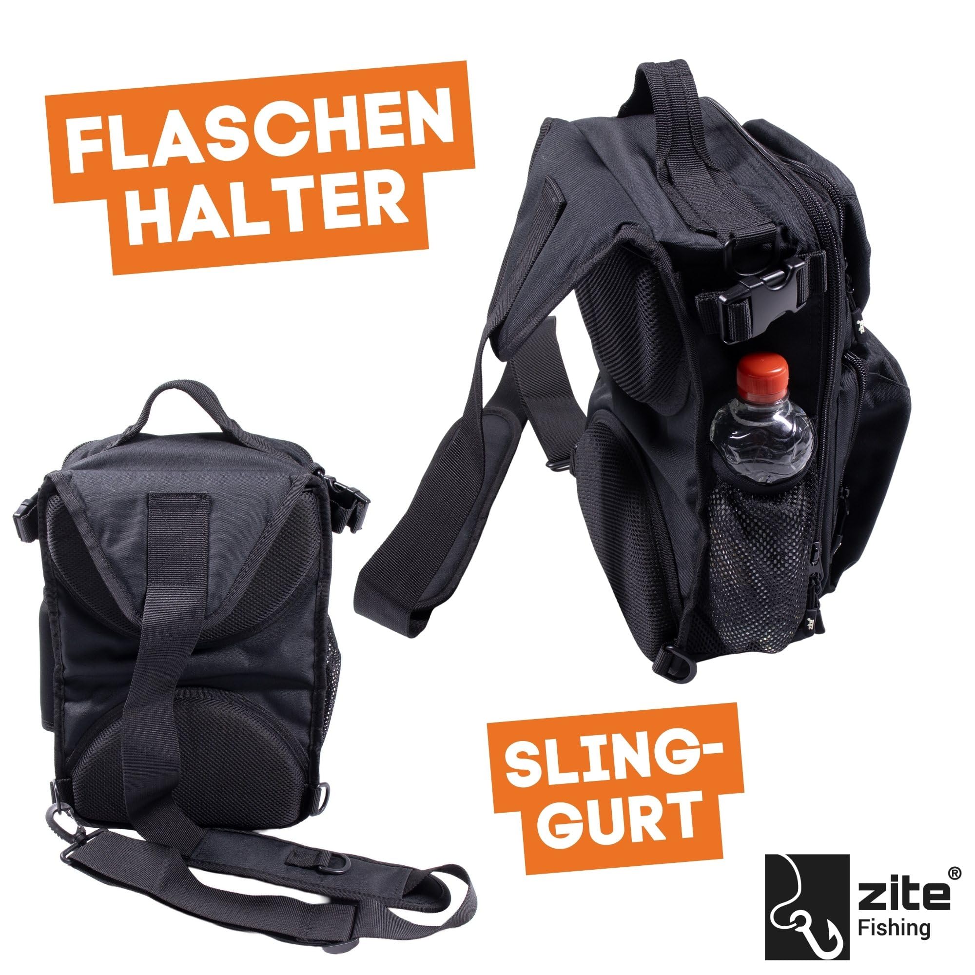 Zite Fishing Slingbag Angeln | Angelrucksack mit 2 Tackleboxen für Angelzubehör | 36×25×13cm Angeltasche | Umhängetasche Extra dickes Rückenpolster | Flaschenhalter & Ideal für Spinnfischen