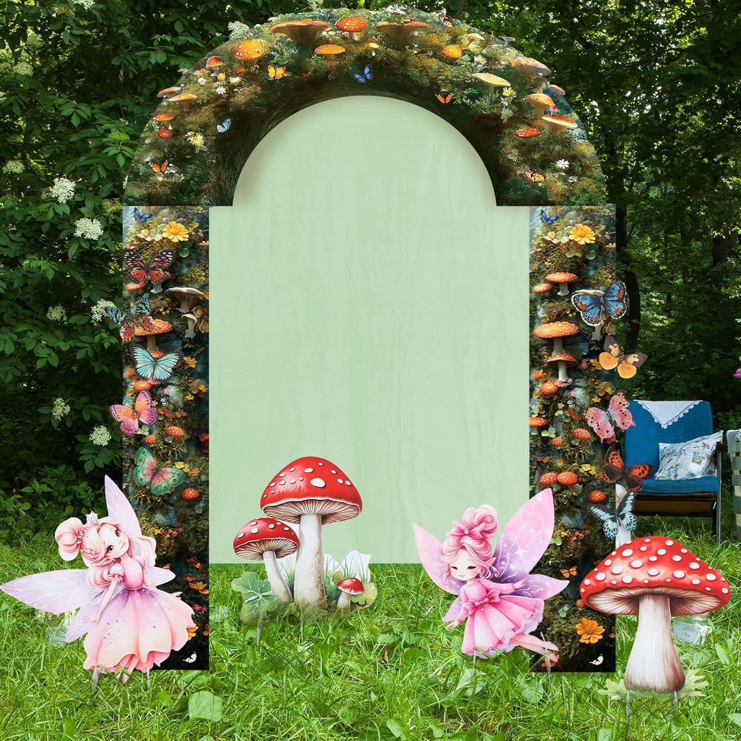 Boao 45 Pcs Fairy Birthday Party Decorations Porch Banner Butterflies Green Curtain Arch Mushrooms and Fairies Background Board with Stands for Girl Fairy Birthday Party Decor