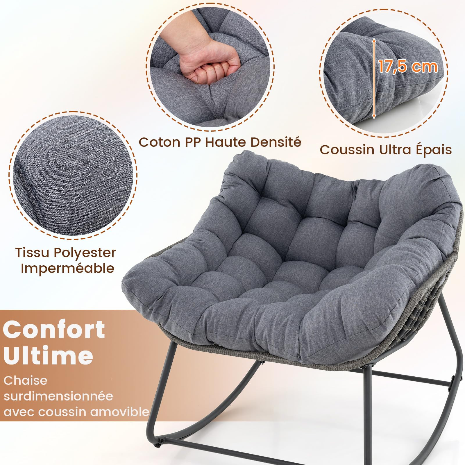 COSTWAY Fauteuil a Bascule Exterieur Interieur, Rocking Chair en Rotin PE, Coussin Épais Amovible, Bande Antidérapante, Fauteuil Œuf pour Balcon Porche Salon, Charge 150 kg, 98 × 98 × 87 cm (Gris)