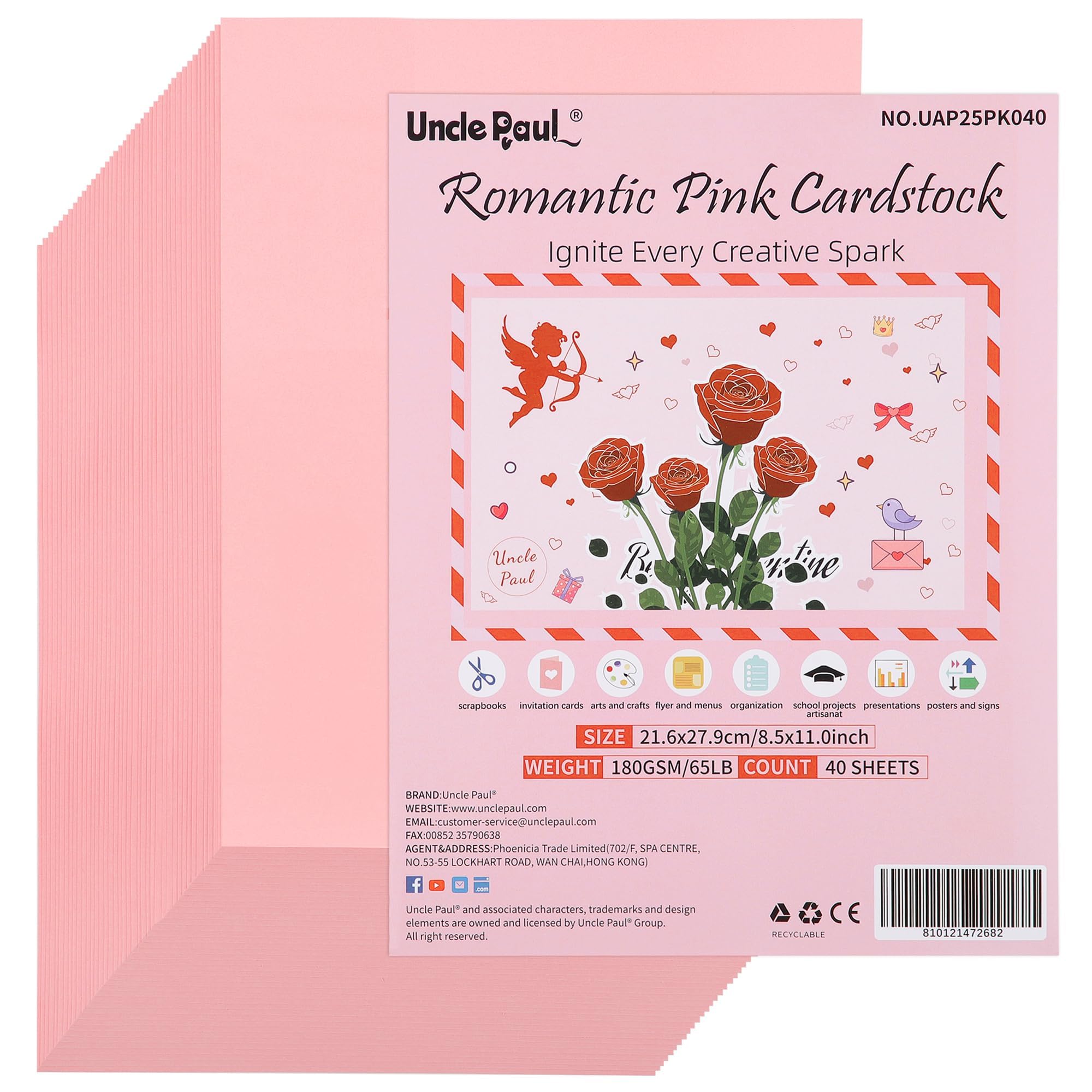Uncle Paul 40 Sheets Romantic Pink Cardstock - 8.5'' x 11'' Double-sided Cover Card Stock 65lb Printer Paper Perfect for Scrapbooking, Crafts,