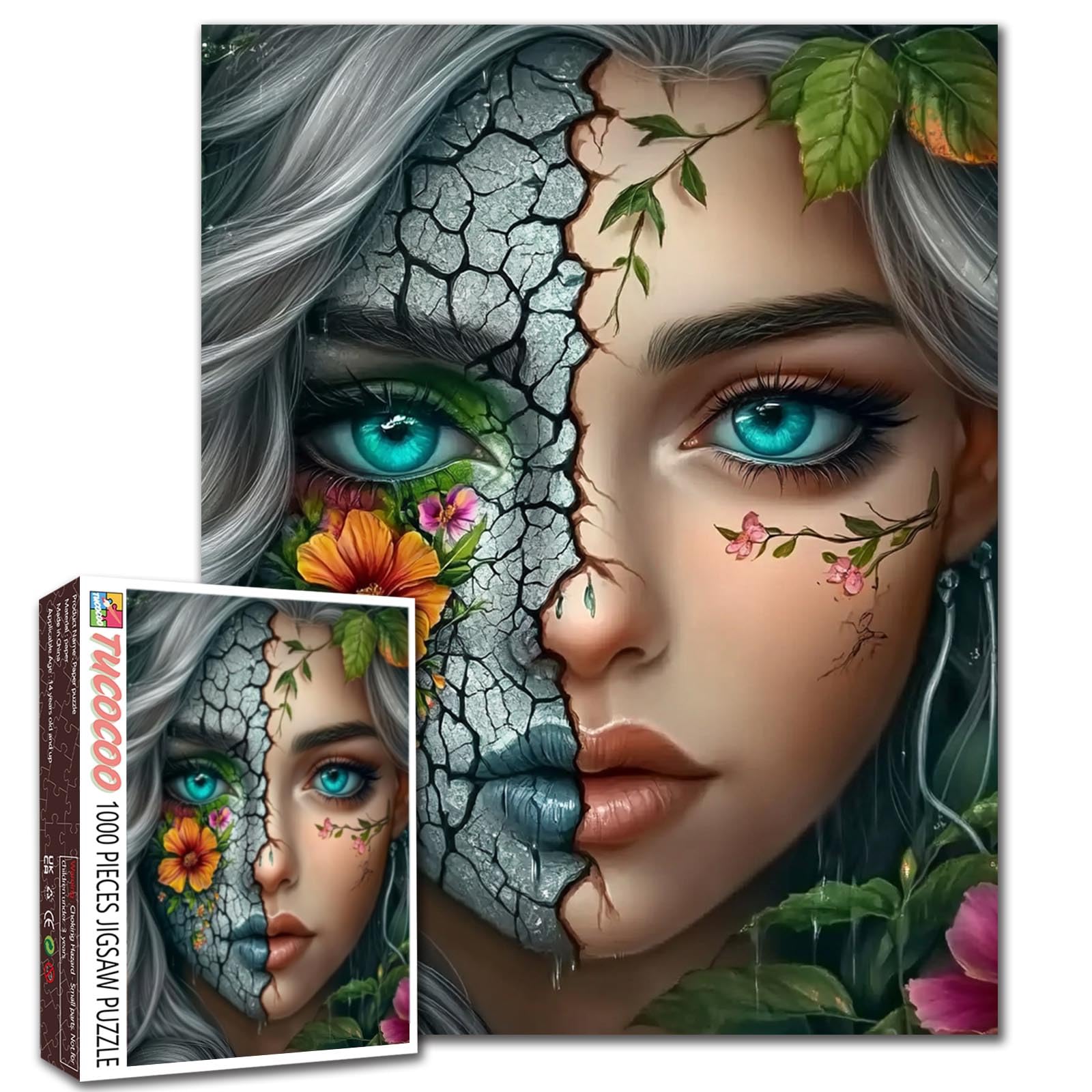 Abstract Woman 1000 Piece Jigsaw Puzzles for Adults Portrait of Cool Girl Jigsaw Puzzle Yellow Flower in Cracked Soil Face 1000 Pieces Puzzles Game Home Wall Decor DIY Craft Jungle Puzzle Art Gift — image 1