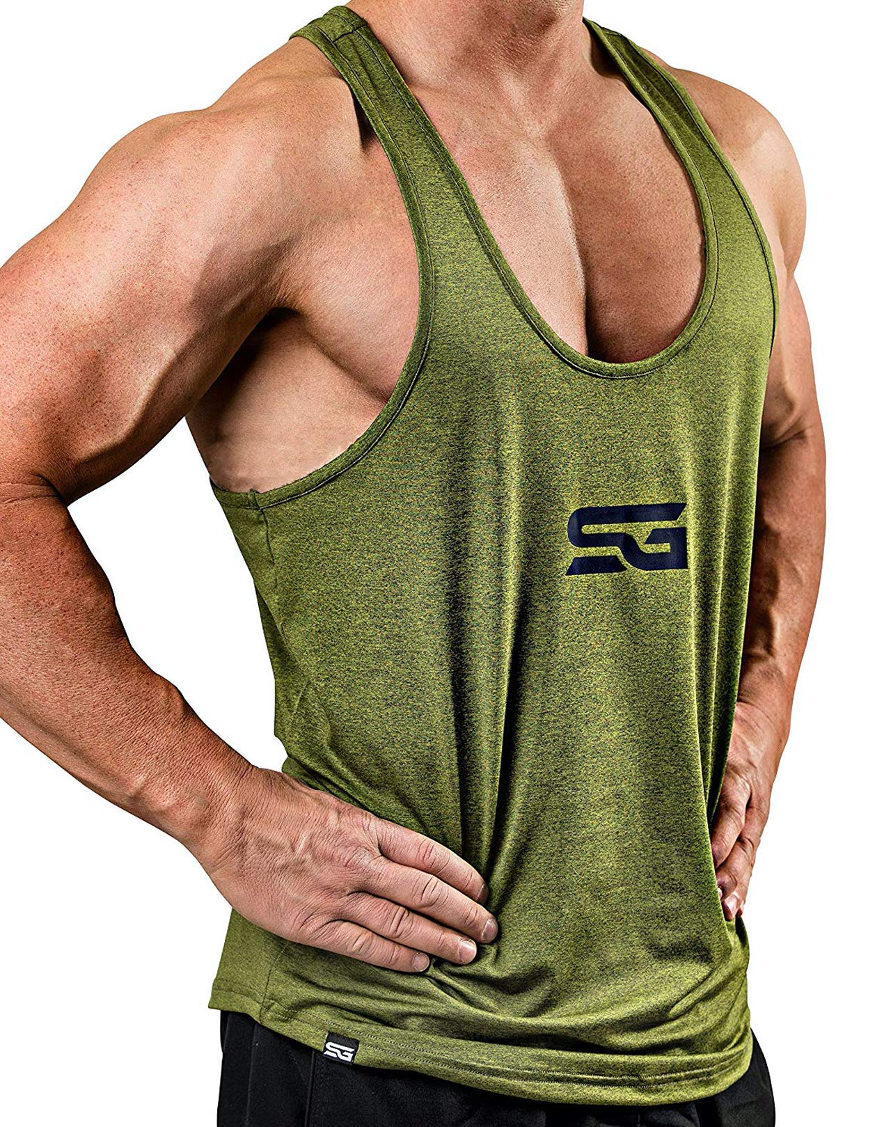 Camiseta stringer para hombre - ropa deportiva funcional - adecuada | para workout, entrenamiento - Camiseta de tirantes - Satire Gym (verde oliva monteado, L)