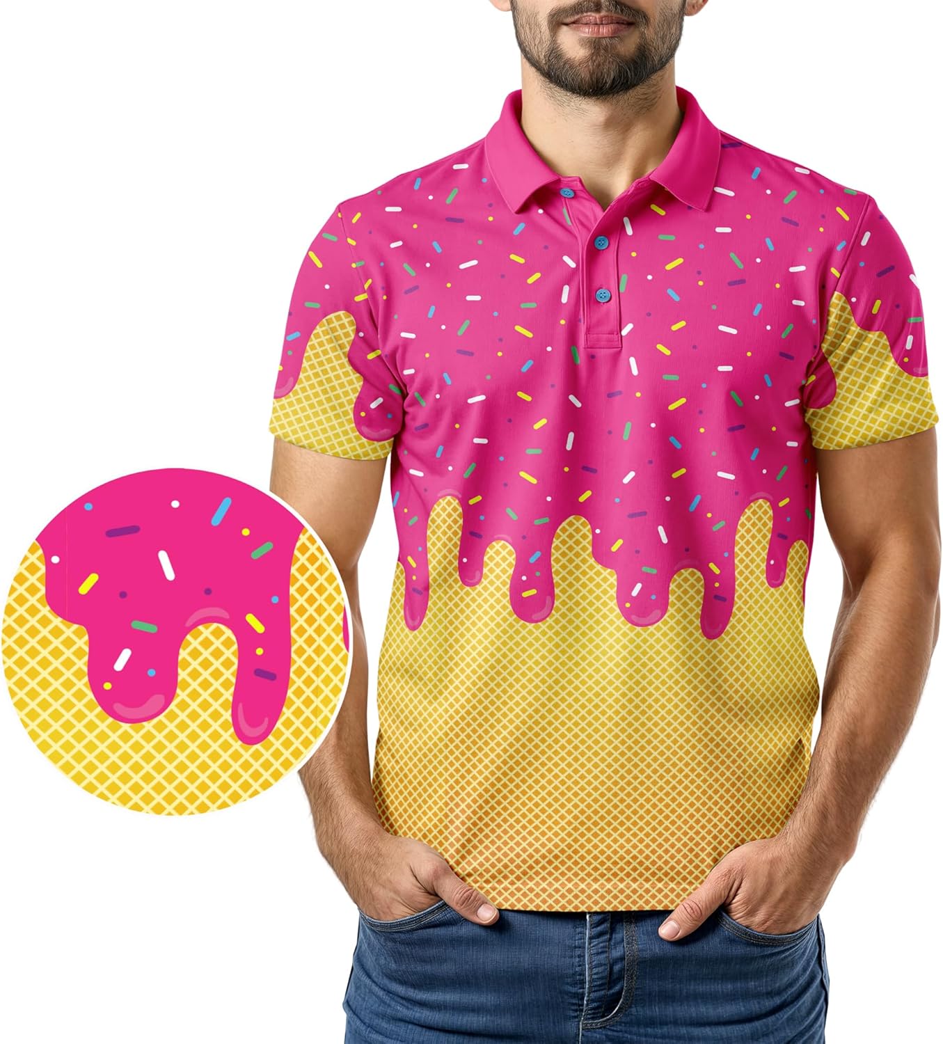 Men's Funny Ice Cream Golf Polo Shirt – Light Moisture Wicking Performance Casual Short Sleeve Relaxed Fit Quick Dry