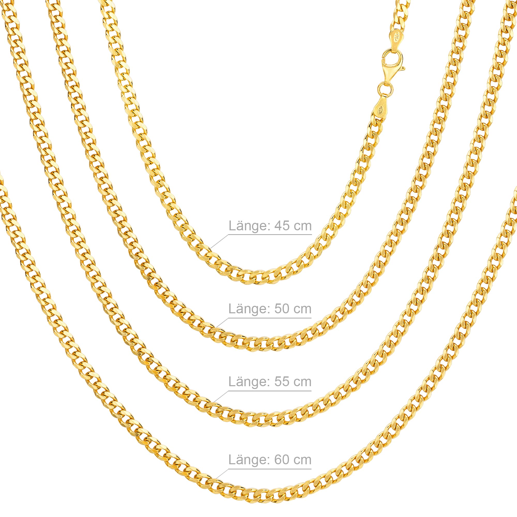Panzerkette Herren vergoldet 925 Silber Kette 4,2 mm Goldkette LJ1042 | goldene Männer Halskette Silberkette ohne Anhänger aus 925er Sterlingsilber 24k vergoldete Länge 45 50 55 60 cm