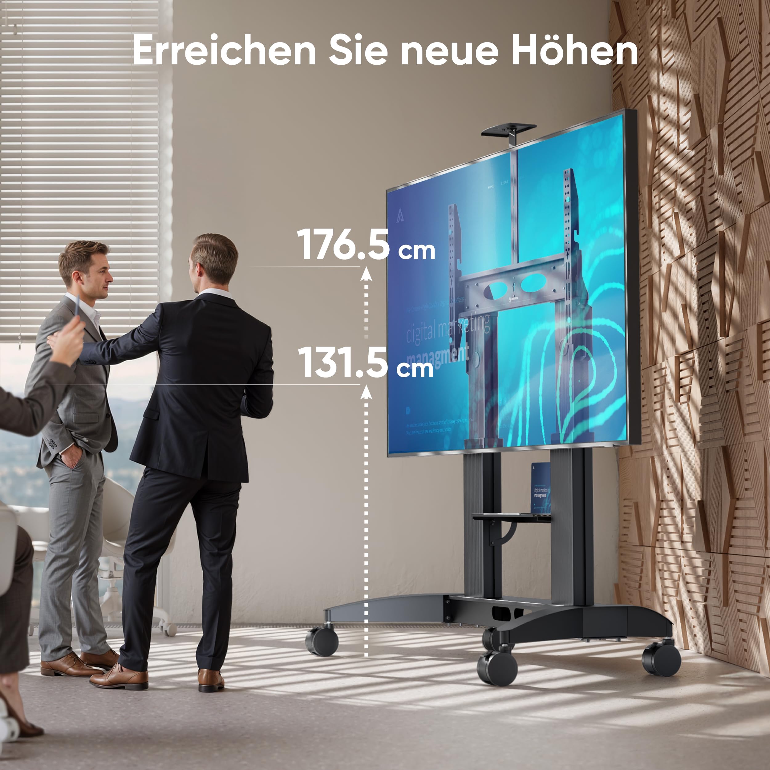 ONKRON TV Ständer rollbar 70-110", bis 130 kg, max VESA 1000x600, TS2821-B | TV Wagen höhenverstellbar 1315-1765 mm, Aluminium-Säulen, breite Basis, Kabelmanagement, Rollen; für Bildung, Büro & Events