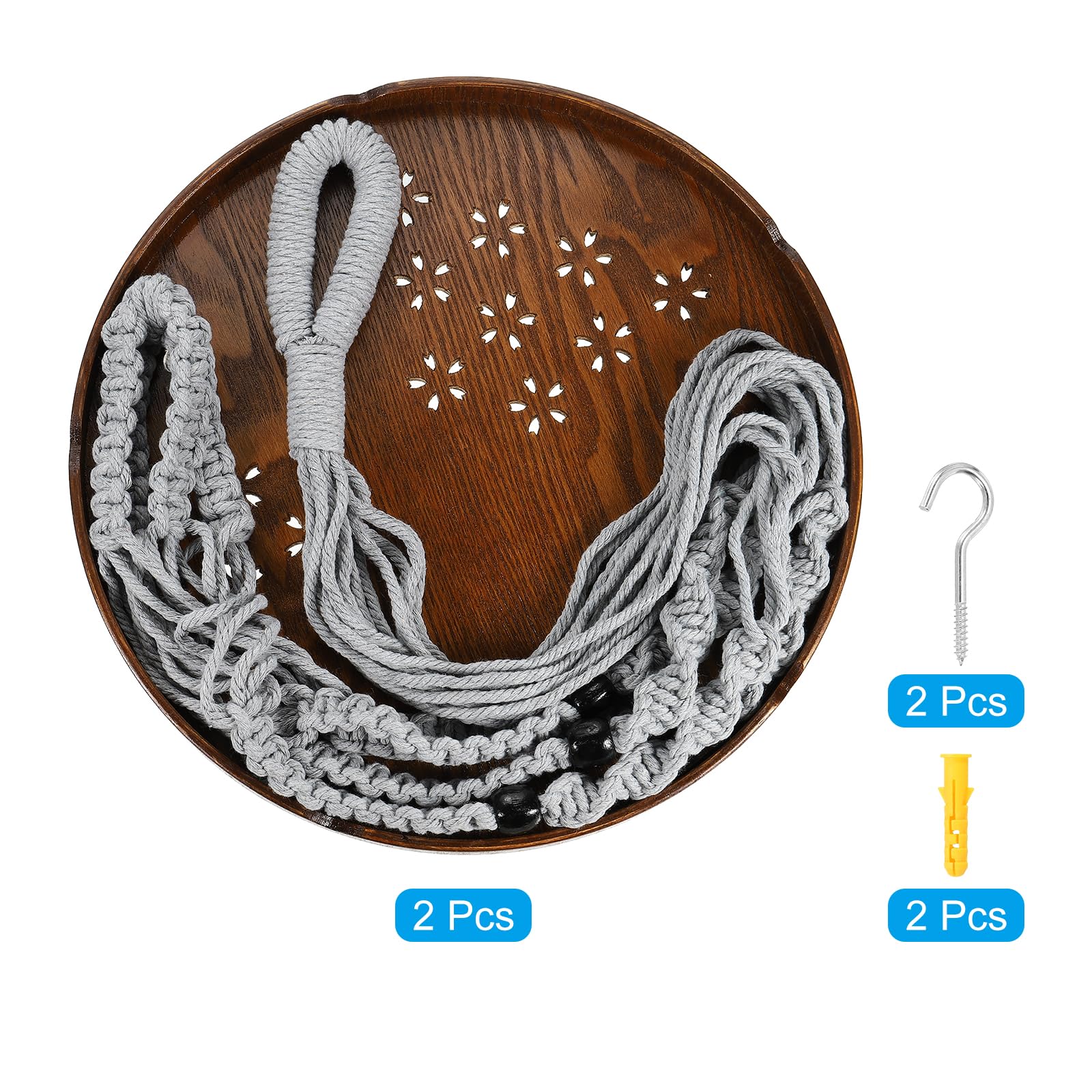 PATIKIL Macrame Plant Hangers Indoors, 2 Pack Hanging Plant Shelf with Sturdy Wood Base for Home Decor Hanging Wall Ceiling Window Grey - Image 3