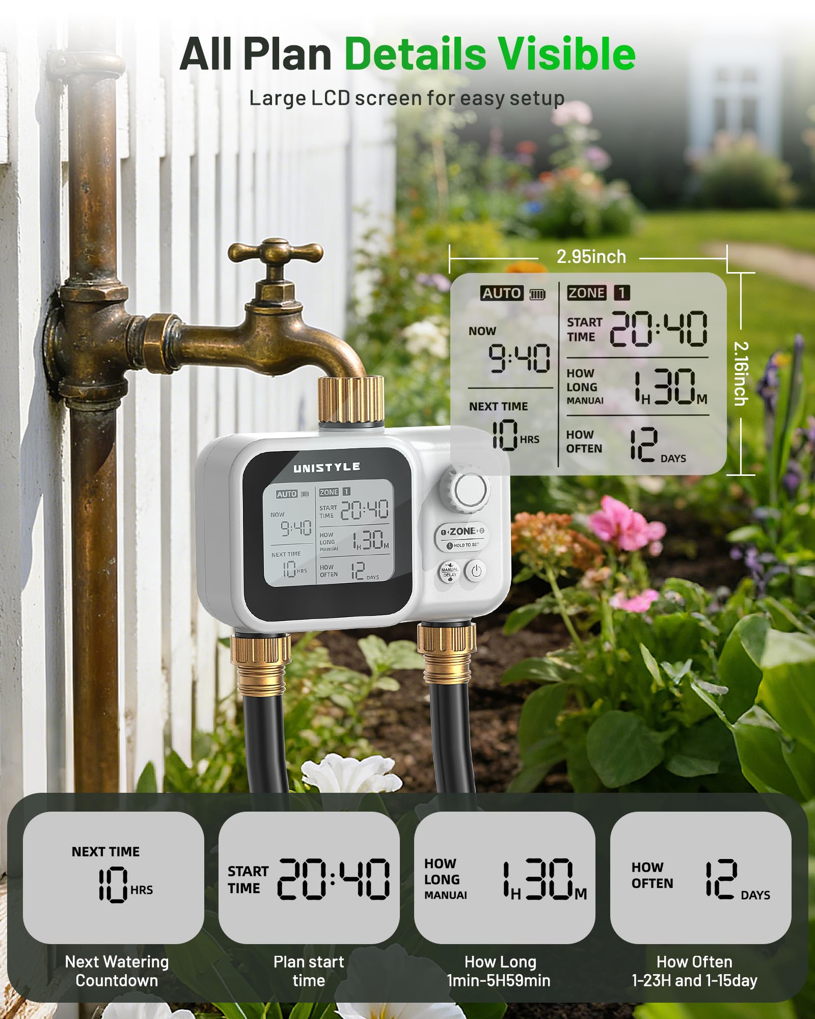 Timer a 2 zone con ingresso in ottone, fonti d'acqua a bassa pressione, valvola a sfera Unistyle per tubo da giardino, ritardo della pioggia, controllo manuale, irrigazione automatica per timer per