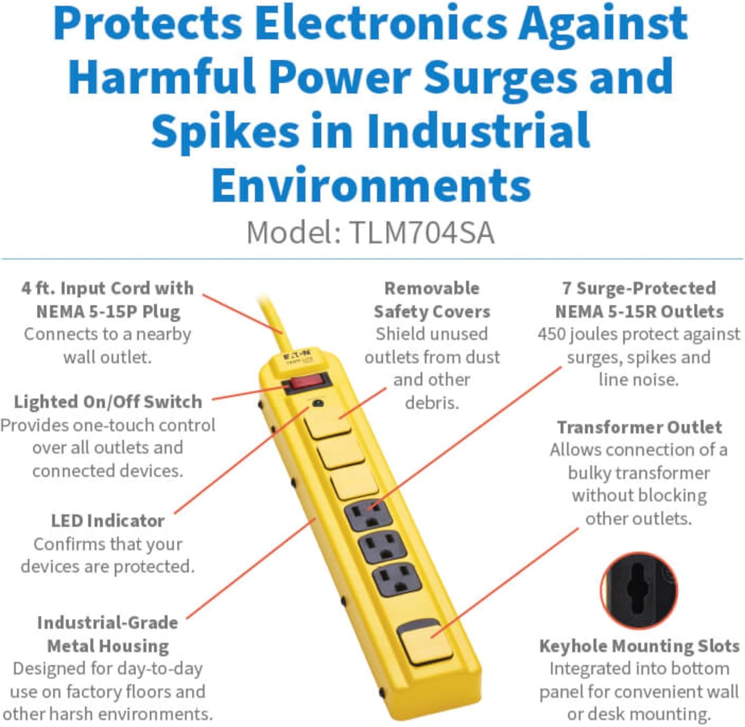 Eaton Tripp Lite Series TLM704SA Heavy Duty Power Strip with Surge Protection, 7 Outlets, 450 Joules, 4ft Cord, Yellow Metal Housing, Under Desk & Wall Mountable, Cord Wrap, Industrial Garage Shop