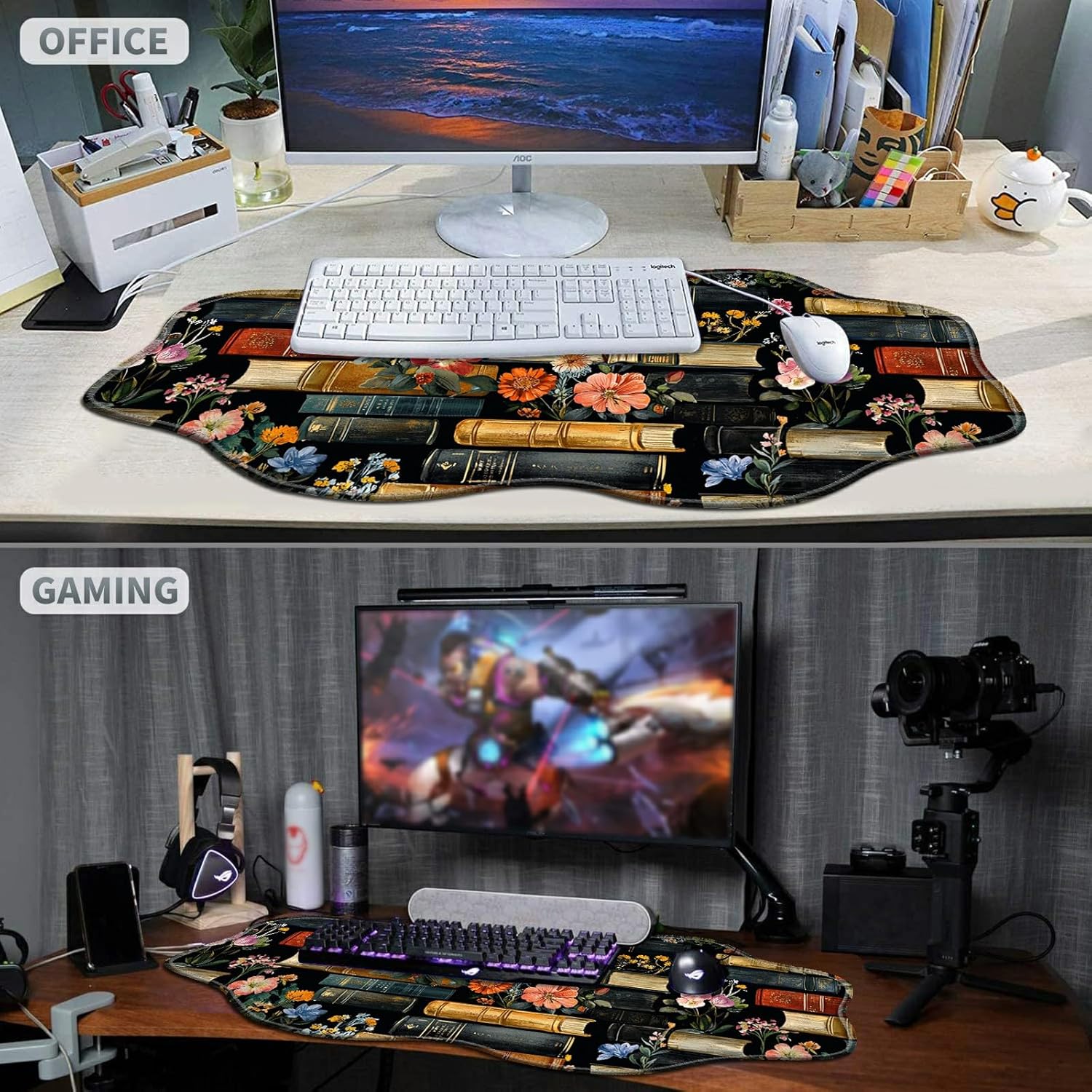 Flowers Bookshelves Large Gaming Mouse Pad Plus a Coaster, 35.4 x 15.7 inches Desk Mat Extended XXL Mousepad with Stitched Edge Non-Slip Rubber, Desk Pad Computer Mouse Mat for Home Office