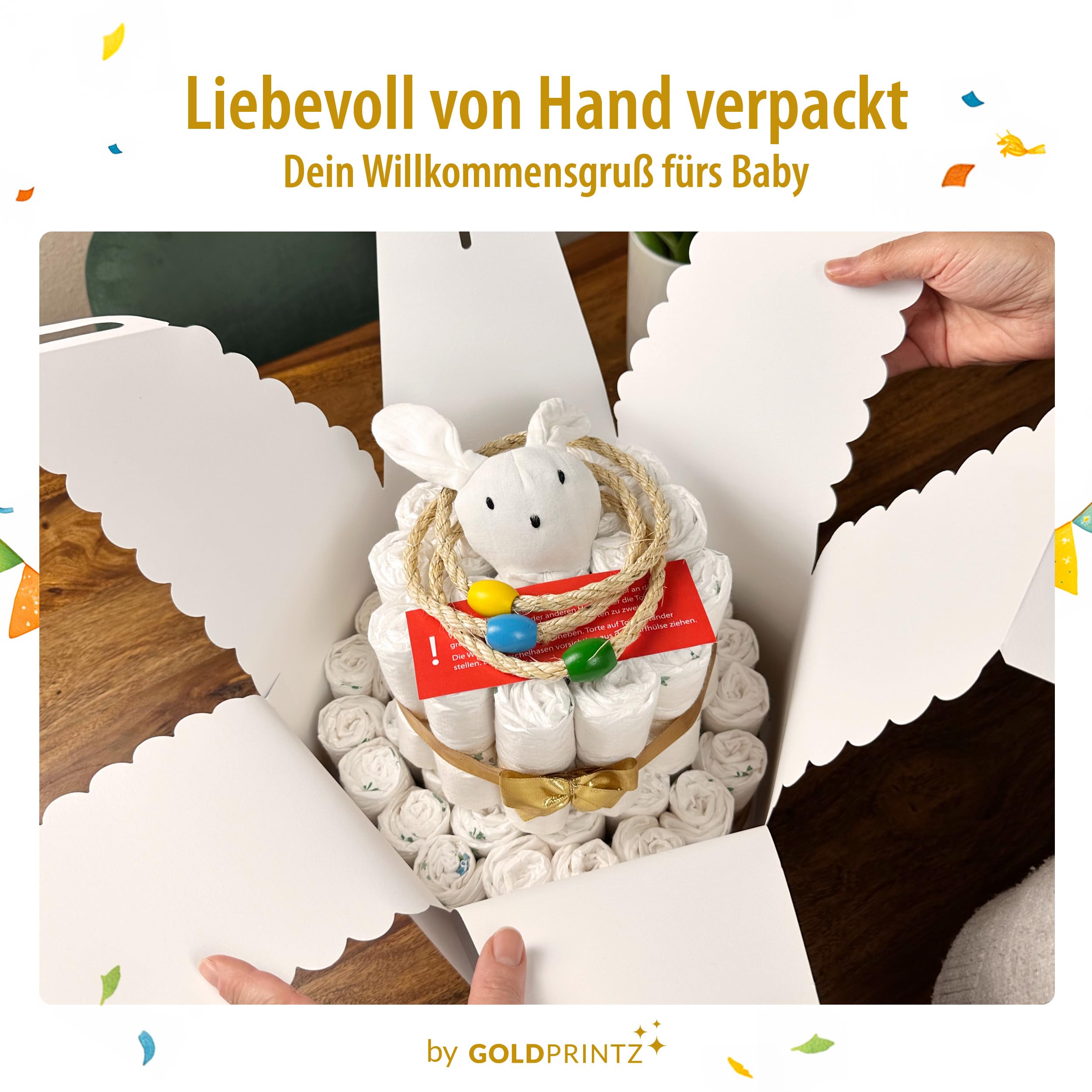 Windeltorte Mädchen und Windeltorte Junge - Einzigartige Baby Windeltorten mit kreativem Wurfspiel am Tortenboden als Geschenk zur Geburt für Baby UND Eltern ausgefallene Geschenke Geburt