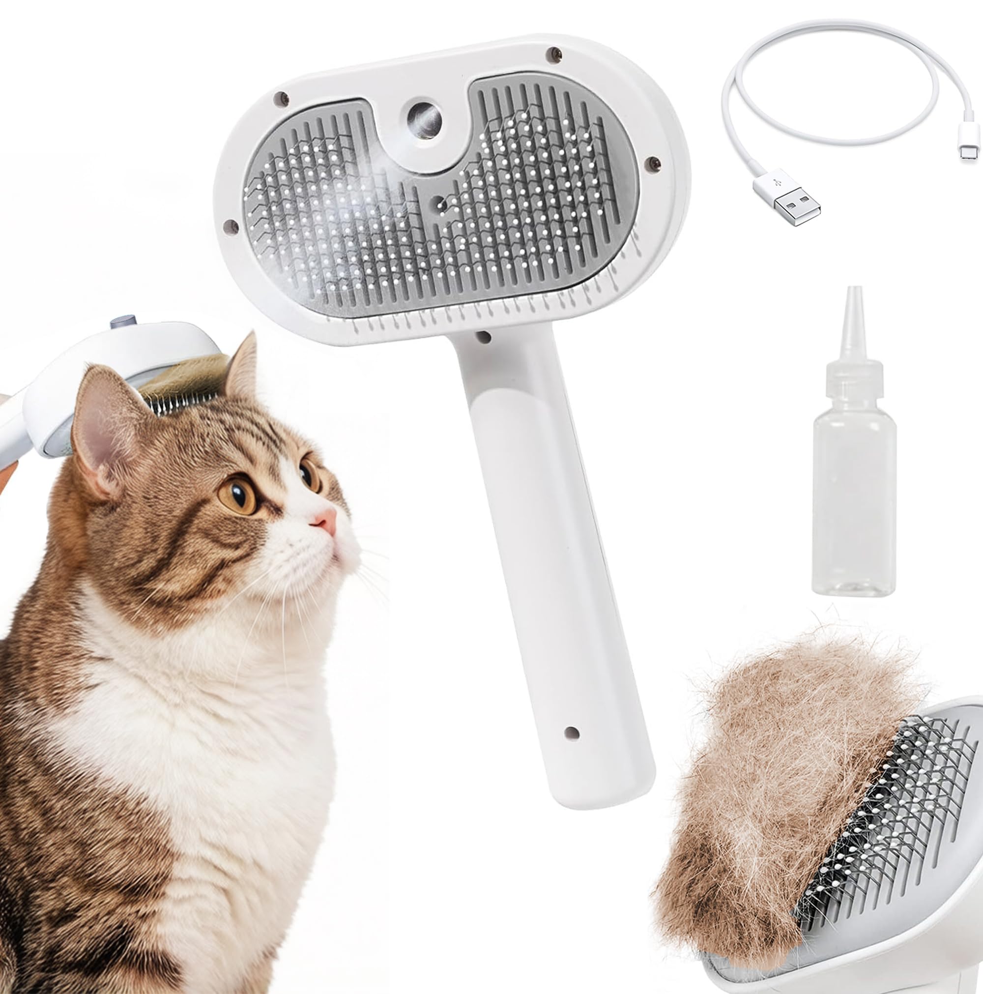 MTE Steam Cat Brush, Dog Brush with Release Button, Self-Cleaning Pet Steam Brush, Pet Brushes for Grooming, for Semi-Short Long Haired Cat Dog, Pet Shedding Massaging Grooming (White)
