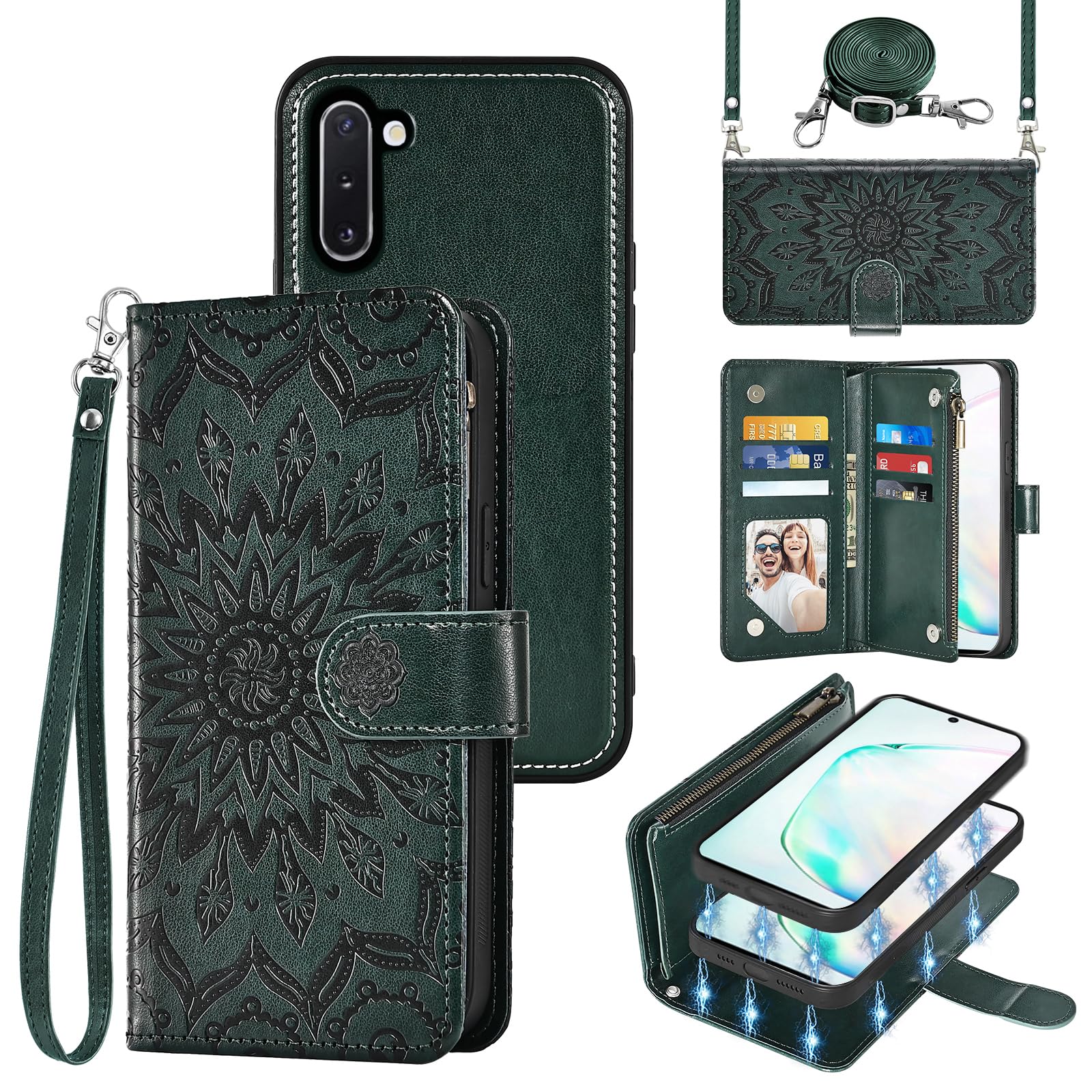 Asuwish Phone Case for Samsung Galaxy Note 10 5G Zipper Wallet Magnetic Detachable Cell Cover with Screen Protector Crossbody Lanyard Strap Flip Card Holder Slot Note10 6.3" (2019) Men Dark Green