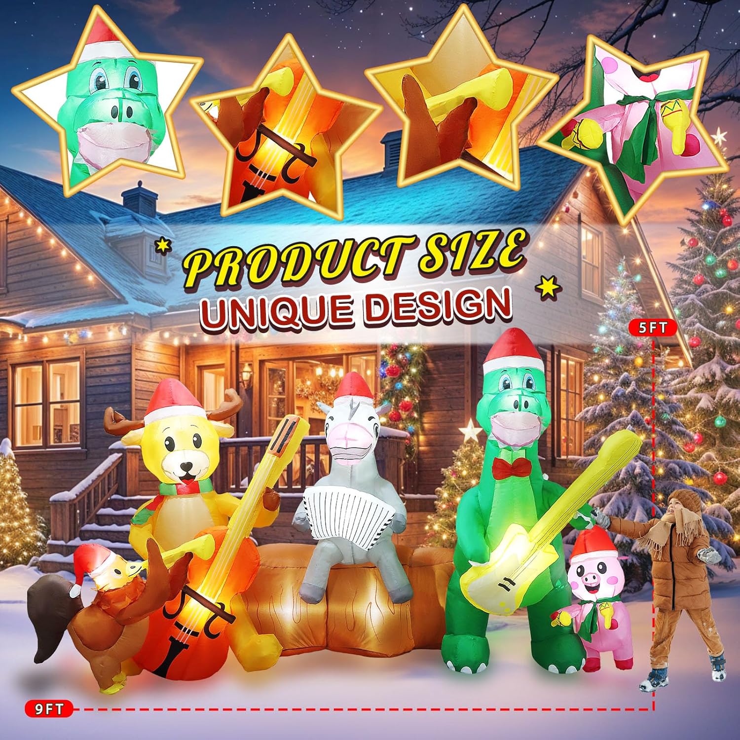 9 FT Long Christmas Inflatables Decorations, Christmas Waits Outdoor Dragon Reindeer Horse Pig Dinosaur Farm Animal Music Band Theme Xmas Blow up Built-in LED Lights Party Yard Holiday Indoor Decors