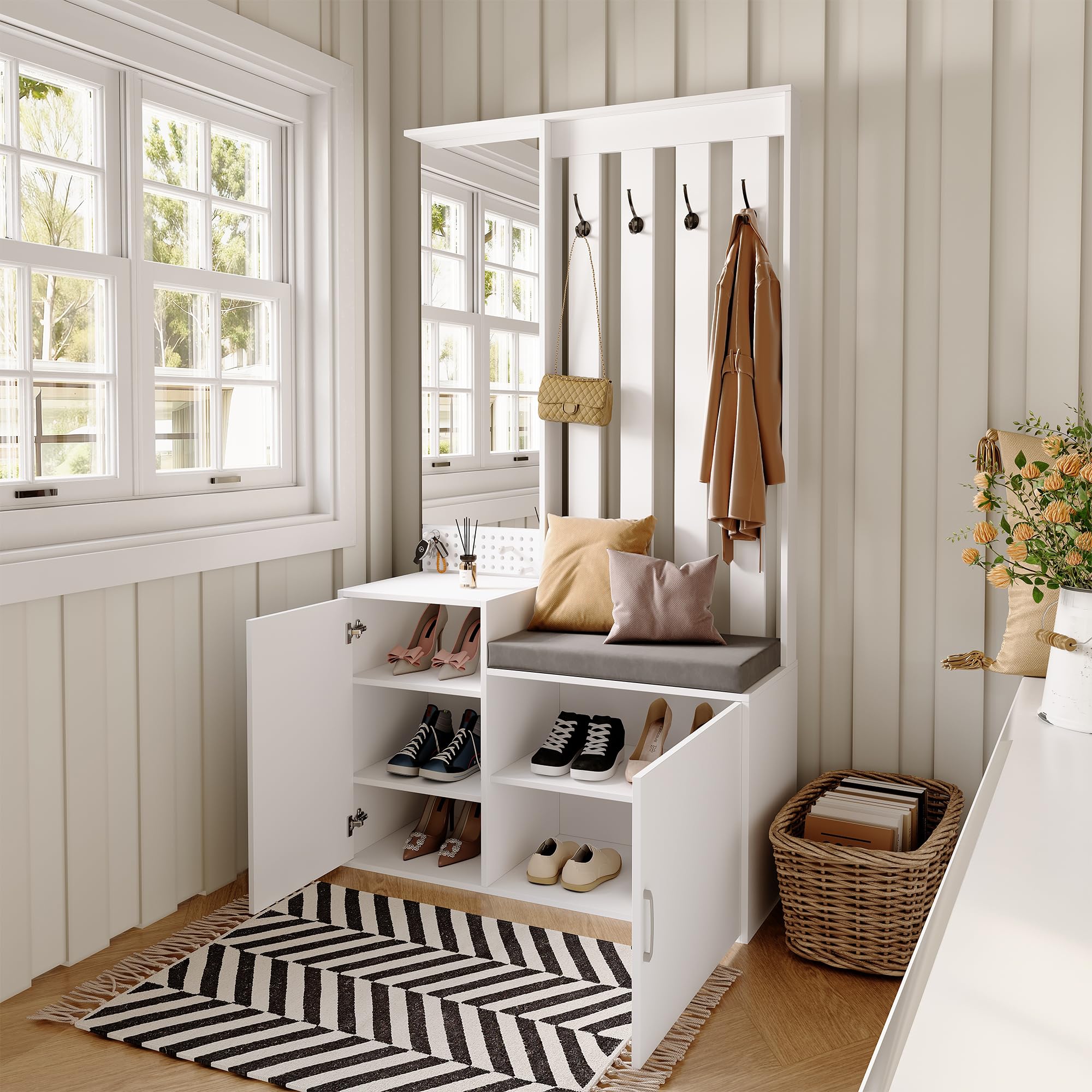 Porte-Manteau de Couloir avec Banc de Rangement Rembourré 40x100x180cm, Meuble à Chaussures de Couloir Multifonctionnel avec Patère, vestiaire d'entrée Moderne avec Miroir