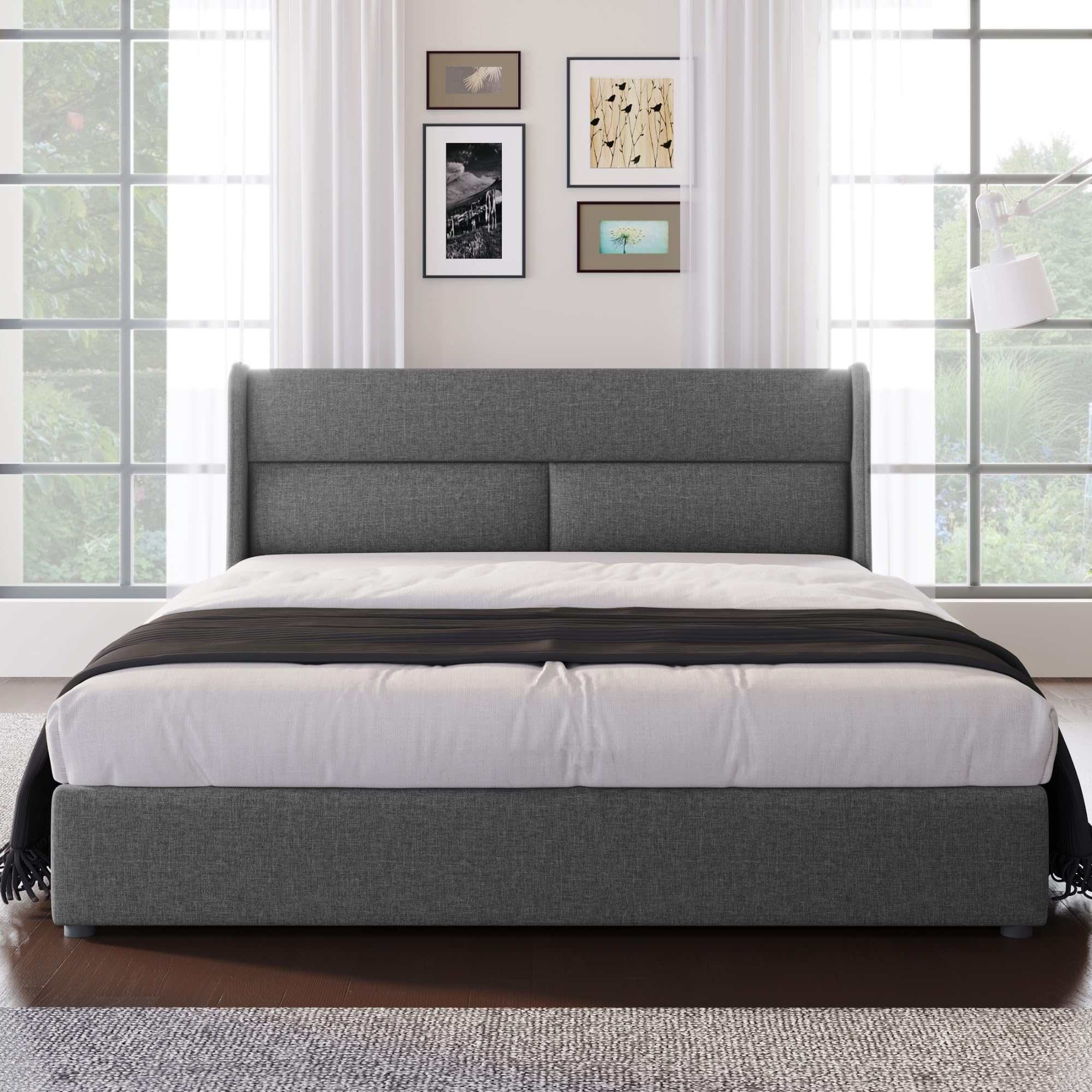 Dolamaní Boxspringbett Doppelbett 180x200 cm, Polsterbett mit Verstellbare Kopfstützen,Hydraulisches Bettgestell mit Stauraum, Bett mit Metall- Lattenrost, Leinen Ohne Matratze (Grau)