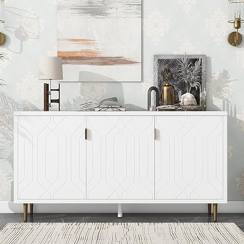 Miniatura 3 de LUMISOL Armario de buffet moderno con base de metal dorado, aparador de cocina con estantes ajustables, armario de almacenamiento de madera para