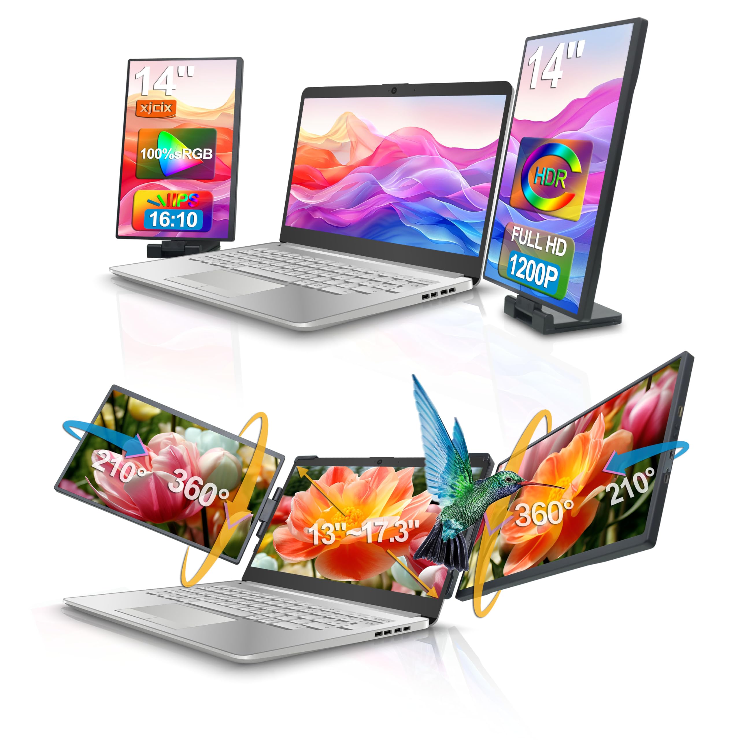 14" Monitor Triplo Portatile 1200P FHD 1920x1200 IPS USB-C Compatibile con HDMI Plug & Play Estensore Laptop Monitor Esterno per Telelavoro Multitasking Gaming Ufficio Casa Viaggi