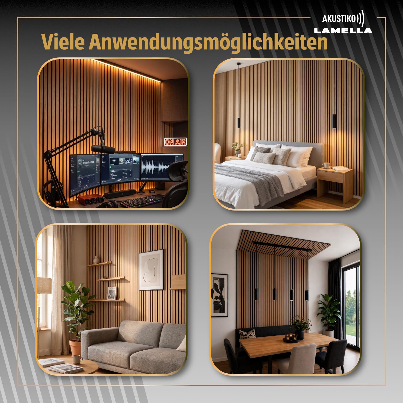 Akustiko Lamella Akustikpaneele 2 Stück 280x60cm - flexible Filz MDF Wandpaneele fugenlos - überlappende Holz Lamellenwand, Holzlamellen dünn - Akustik Wandverkleidung (3.36m² Natural Teak)