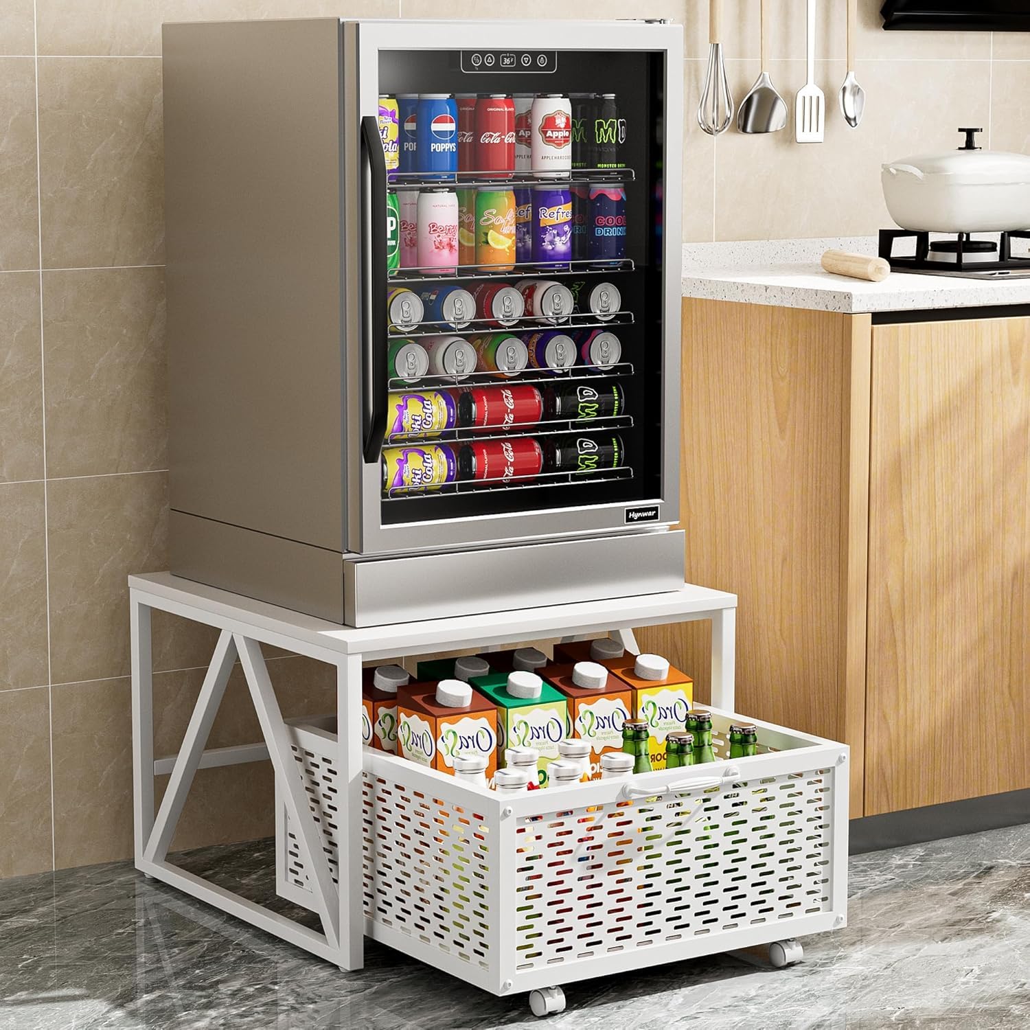 65513 Mini Fridge Stand with Storage, Heavy Duty Utility Cart with Drawer Basket,Night Table, Kitchen Trolley Mobile Fridge Stand with Swivel Wheels for Dorm,Office,Home,White-image-27