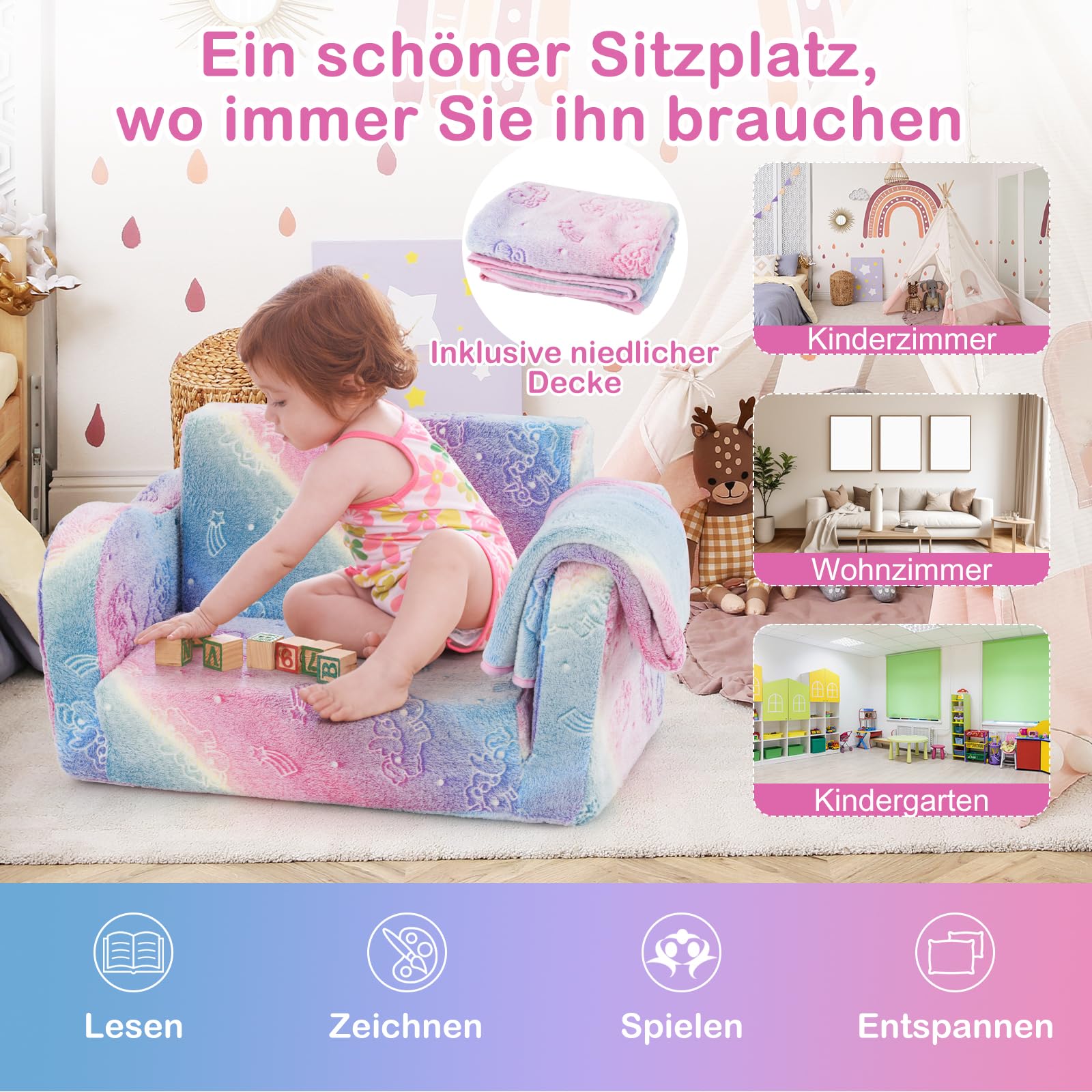 DREAMADE 2-in-1 Kindersofa, Klappbares Spielsofa aus Flanellstoff mit Decke & leuchtenden Mustern, Leuchtsofa Kindercouch Kindersessel Kindermöbel für Kinder ab 3 Jahren (Bunt)