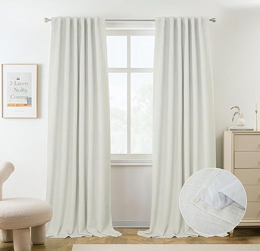 DriftAway 100% Blackout Linen Curtains for Bedroom 84 Inches Long Double Layer Drape Farmhouse Thermal Insulated 3 Inch Rod Pocket Back Tab Full Light Blocking 2 Panels for Living Room Nursery
