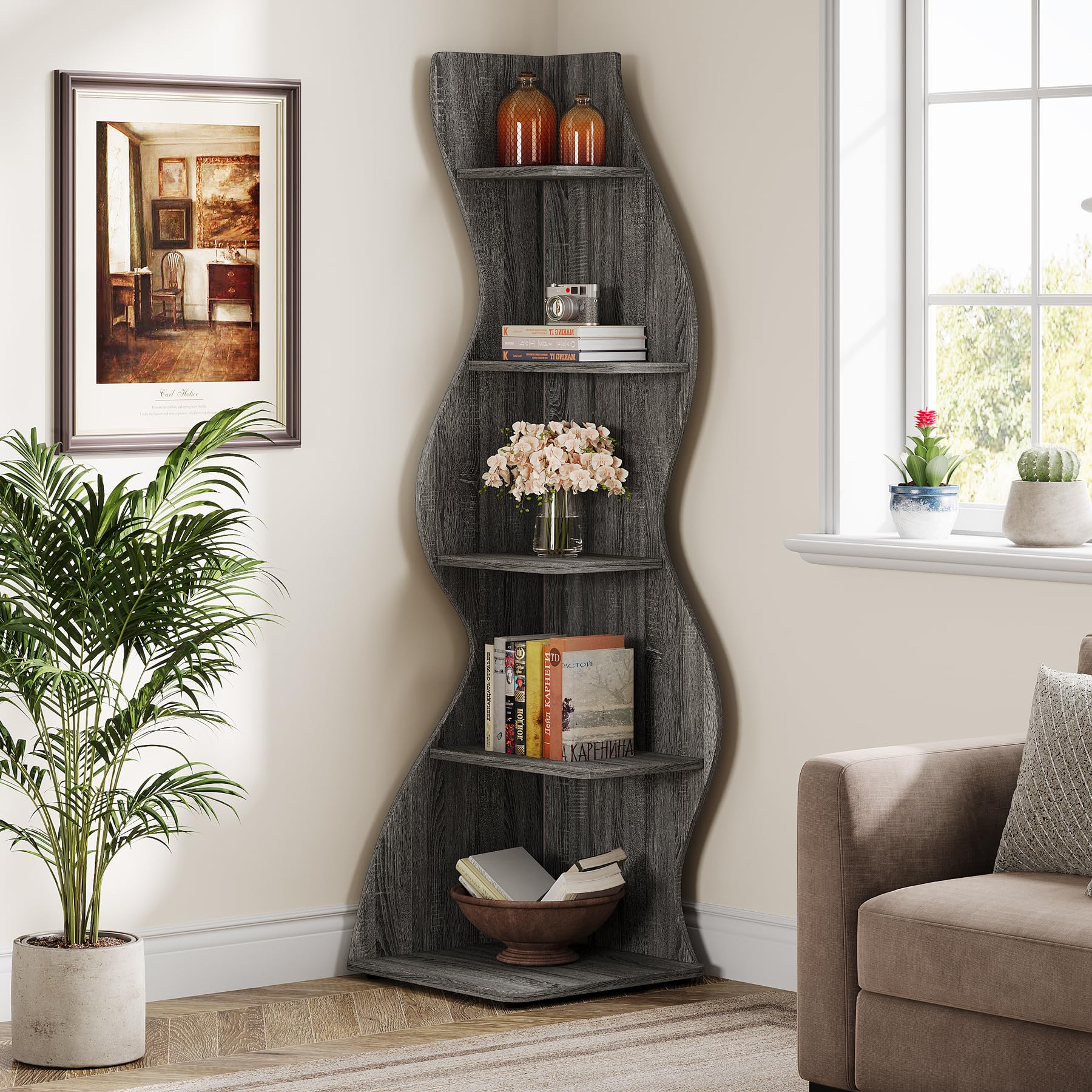 Tribesigns Wavy Corner Shelf, Modern 5-Tier Bookshelf Bookcase with Curvy Shape, Unique Plant Stand Display Rack for Living Room Small Space (Gray)