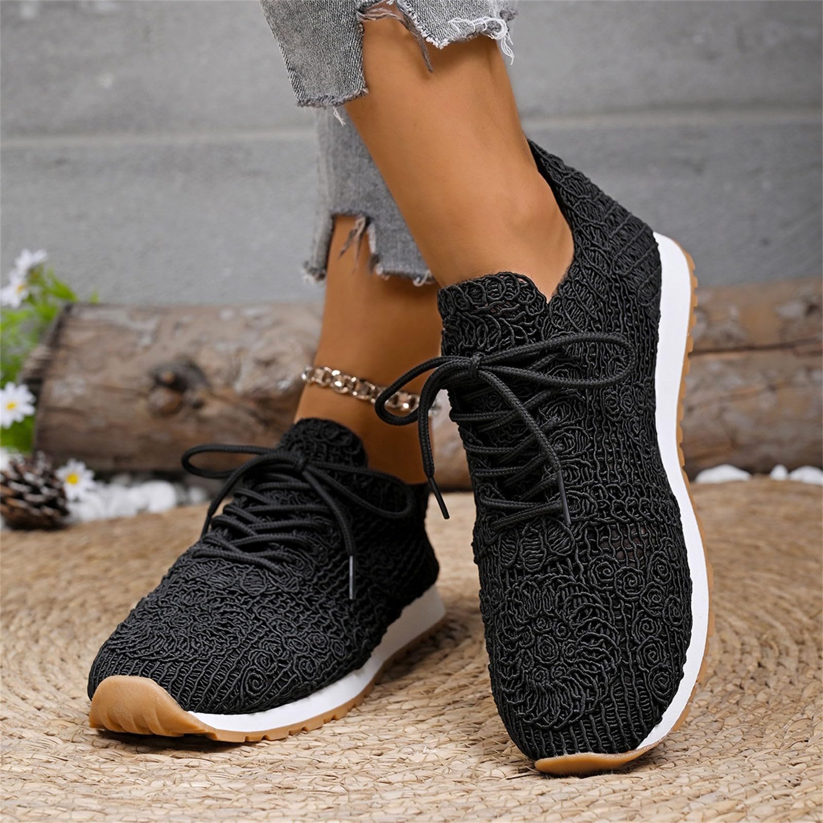Chaussures Running Femme Baskets de marche tendance en pour femmes – Chaussures décontractées légères et respirantes en dentelle avec semelle coussinée et en souple – Baskets à lacets élégantes pour