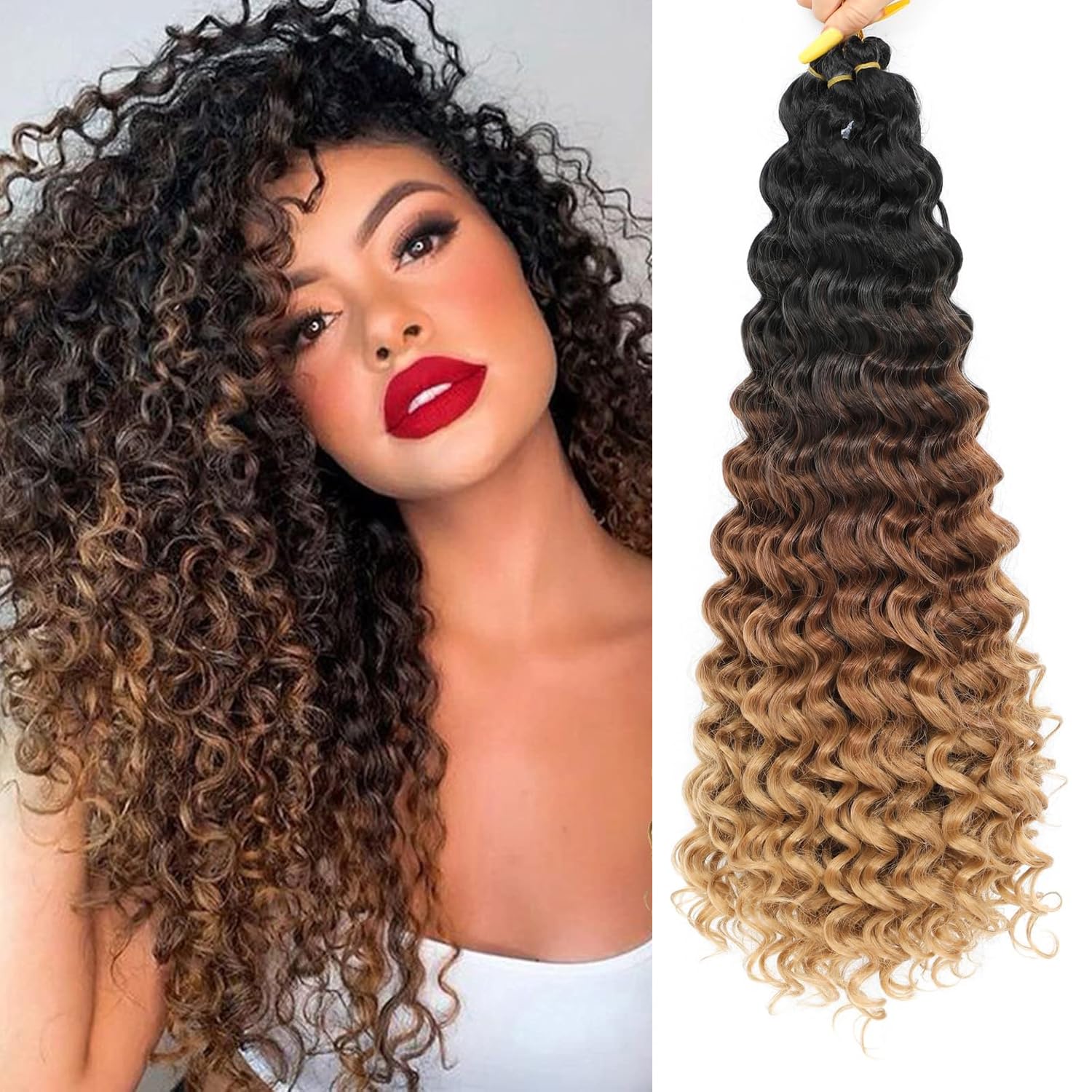 AMLUCKS Deep Wave Braiding Hair for Black Women Girls Synthetic Ocean Wave Crochet Hair Extensions for Boho Braids (1B/30/27#