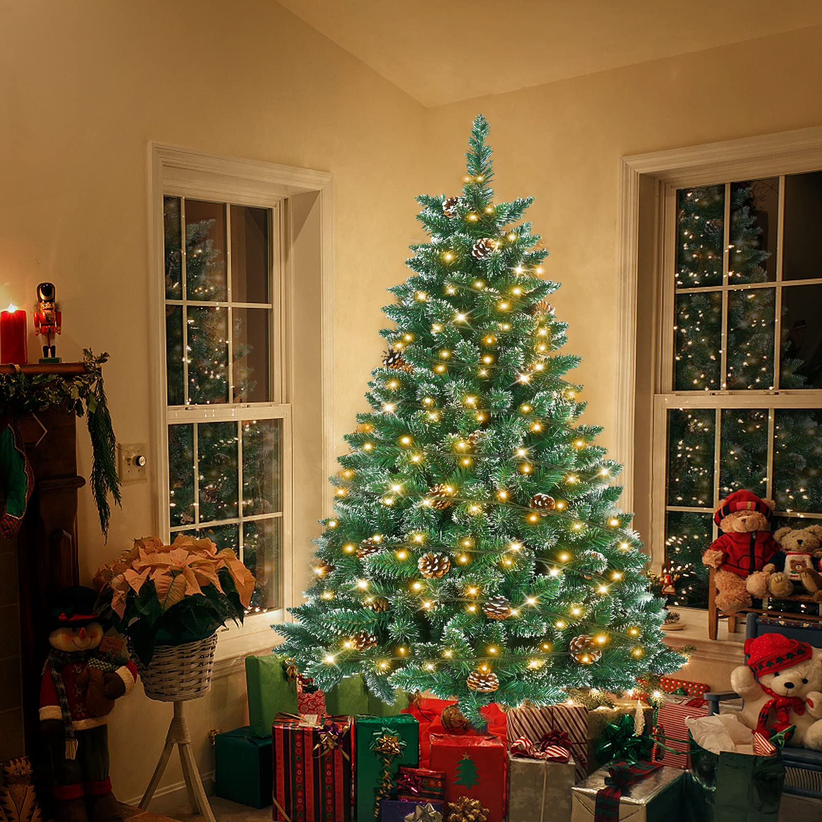 YRHome Sapin de Noël Artificiel 180cm avec Éclairage Effet Neige & Pommes de Pin LED PVC Vert avec Support pour Décoration de Noël