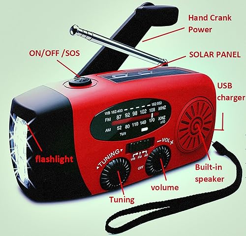 Miniatura 8 de Radio meteorológica de emergencia, manivela, 4000 mAh, portátil, carga solar, con AMFMNOAA, 3 linternas LED, sensor de movimiento, lámpara de