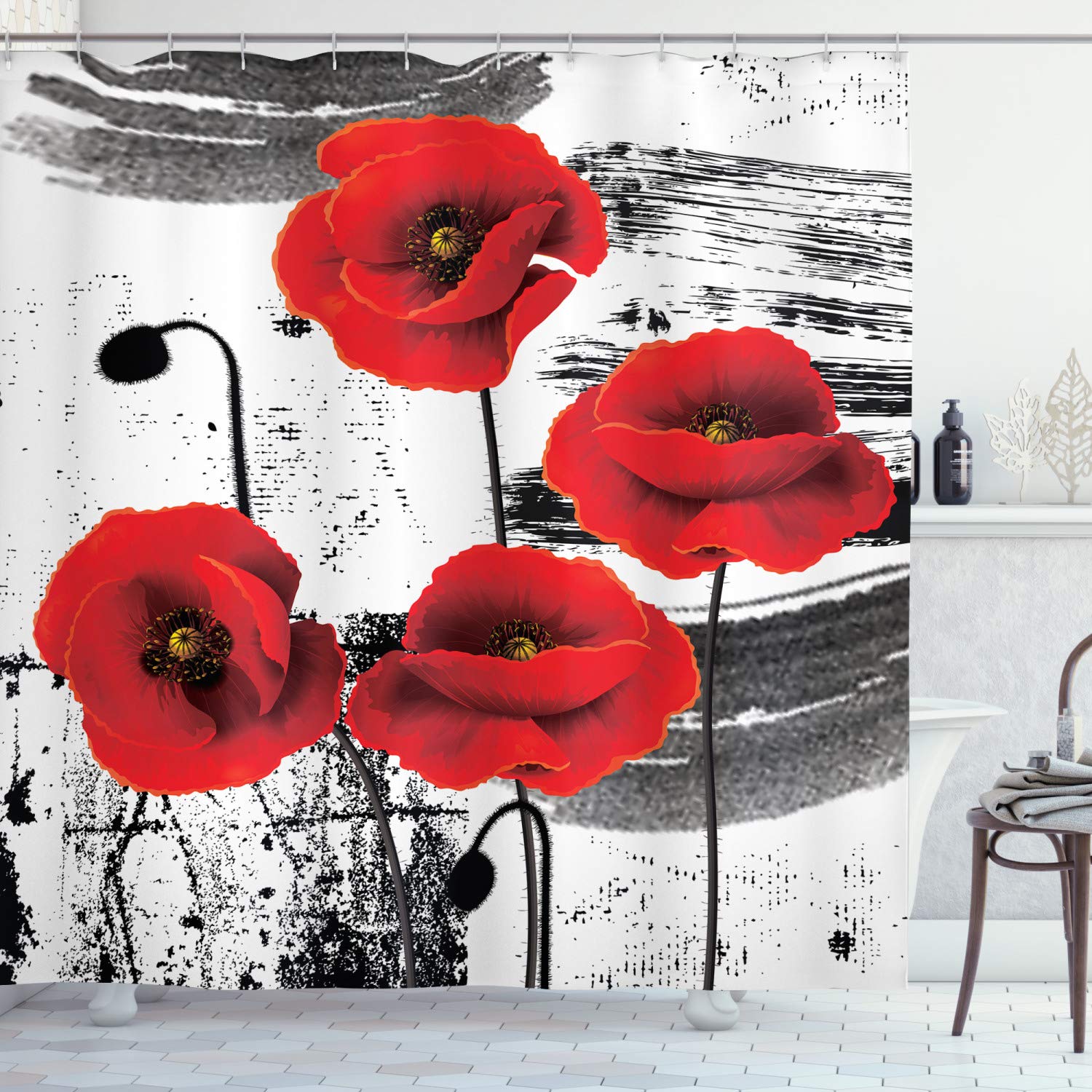 ABAKUHAUS Poppy Shower Curtain, Composition of Blossoming Flowers with Grunge Brush Background