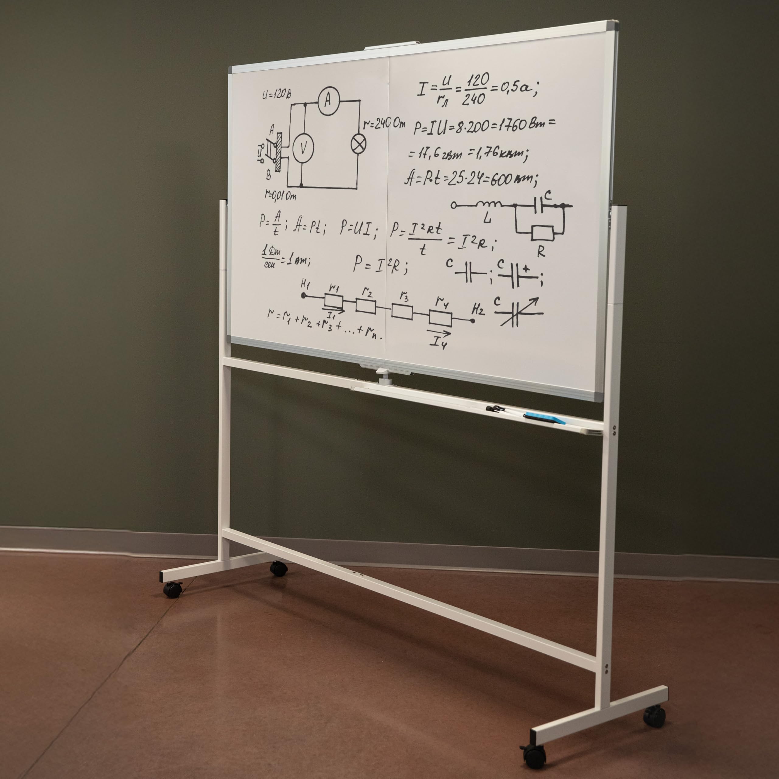 Sunnydaze Pizarra blanca magnética rodante, 172.7 x 94.0 cm, pizarra de borrado en seco de doble cara con ruedas para oficina, escuela o hogar