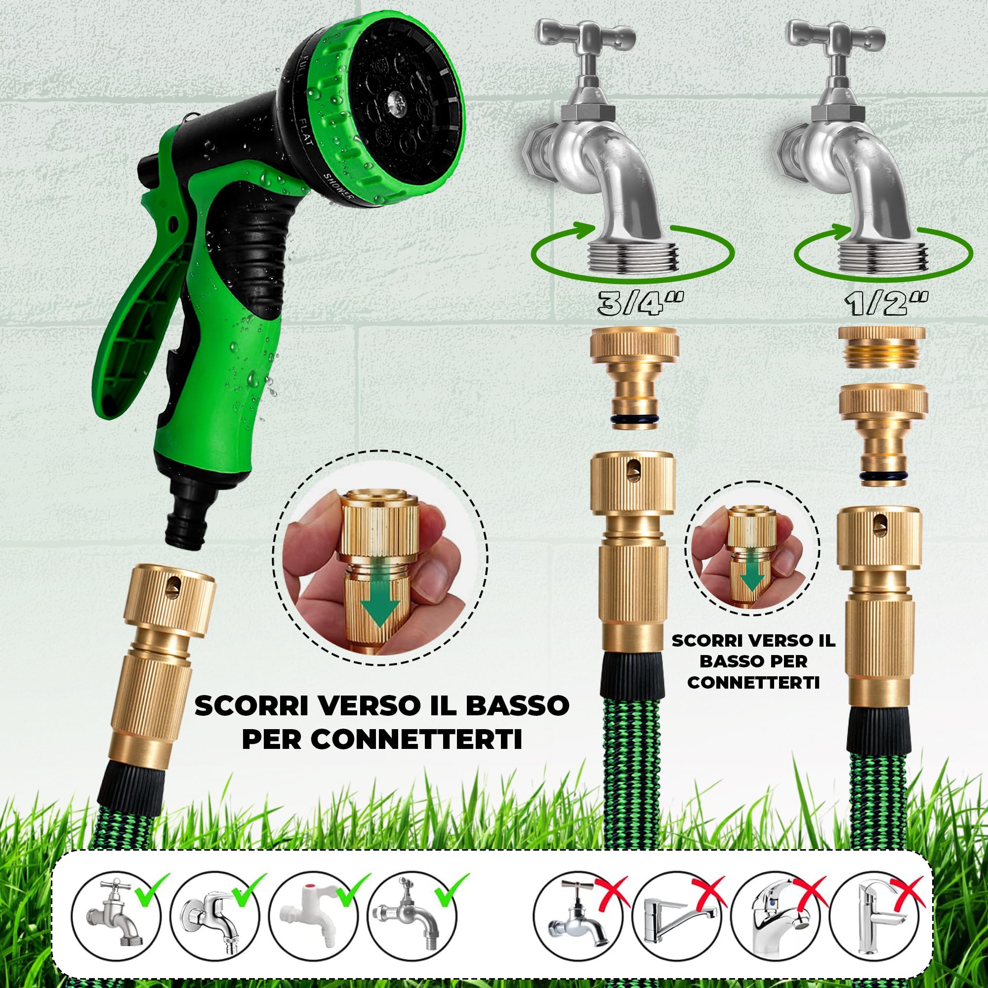 HOMEPROTEK Tubo Acqua Giardino Estensibile Da Giardino 15 Metri Con Pistola Acqua a 9 Modalità di Spruzzo - Tubo Irrigazione con Raccordi in Ottone da 1/2" e 3/4 | Tubo Irrigazione Estensibile Con Pistola 9 Getti, Raccordi Ottone 1/2 E 3/4; Flessibile Rin