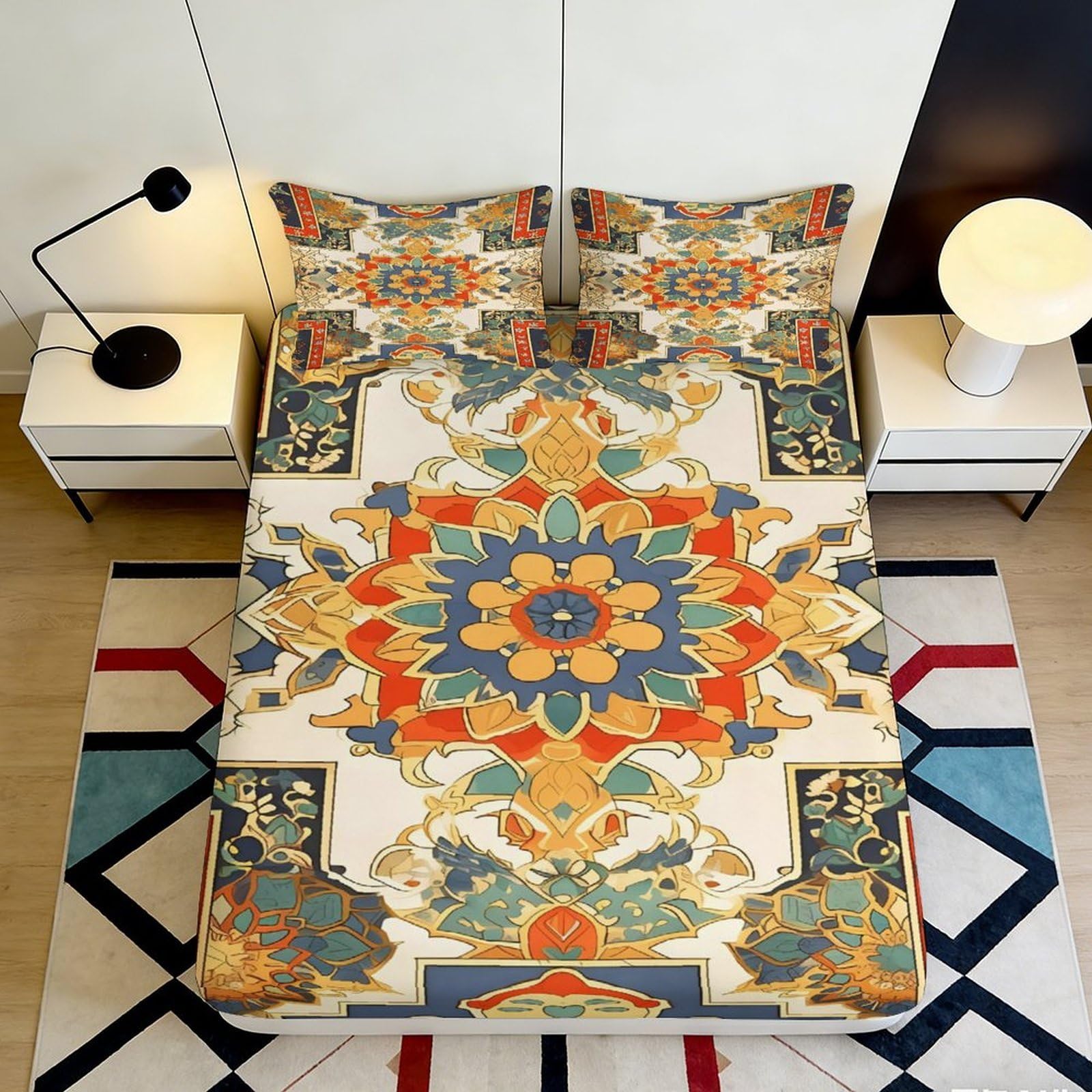 3D Printed Bohemian Mandala Fitted Sheet Microfiber Soft Breathable Oriental Mosaic Mattress Cover for Bedroom Guest Room Decor 90x200x25cm