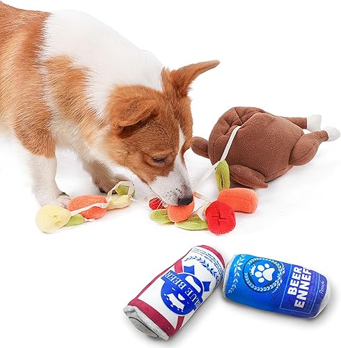 Dog Toys Turkey&Beer - Juego de 3 juguetes de felpa chirriantes duraderos para perros, juguetes interactivos para perros de escondite, animales de