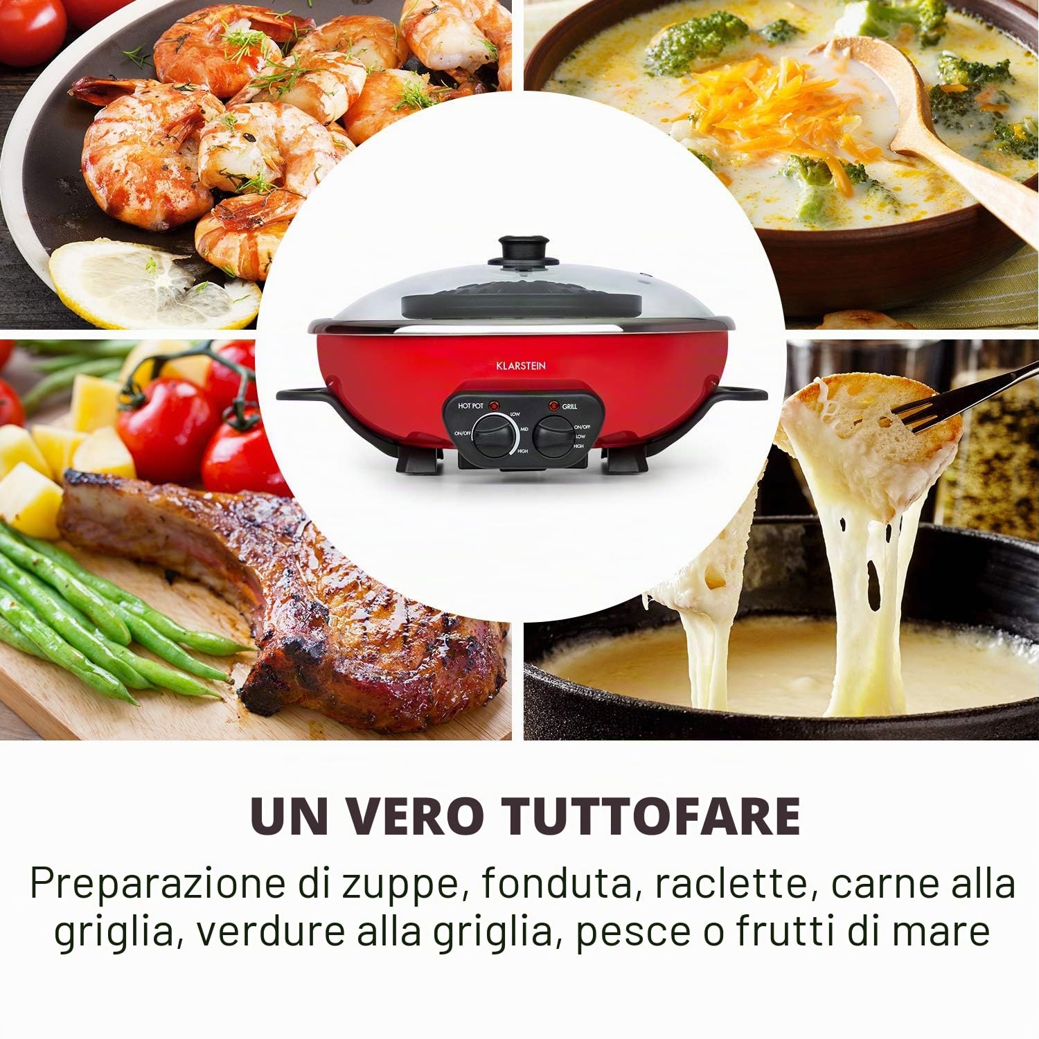 KLARSTEIN Szechuan - Hot Pot e Piastra, Grill Elettrico senza Fumo, Pentola Elettrica Multifunzione, 5 L, Hot Pot: 1350 Watt/38 cm Ø, Piastra: 600 W/22 cm Ø, Elemento Riscaldante in Alluminio, Rosso