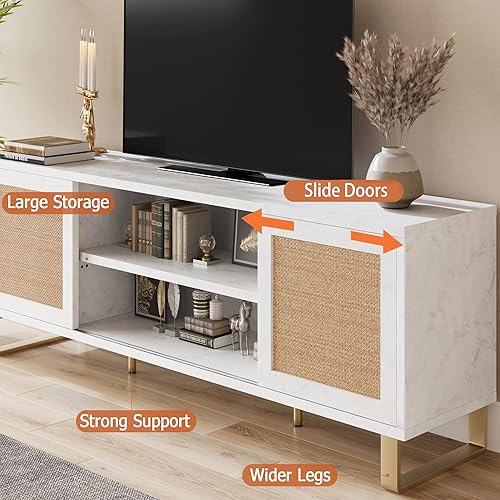 Miniatura 4 de Amyove Soporte de TV para TV de 65 pulgadas centro de entretenimiento blanco mesa de consola de TV moderna soporte de TV de ratán con almacenamiento