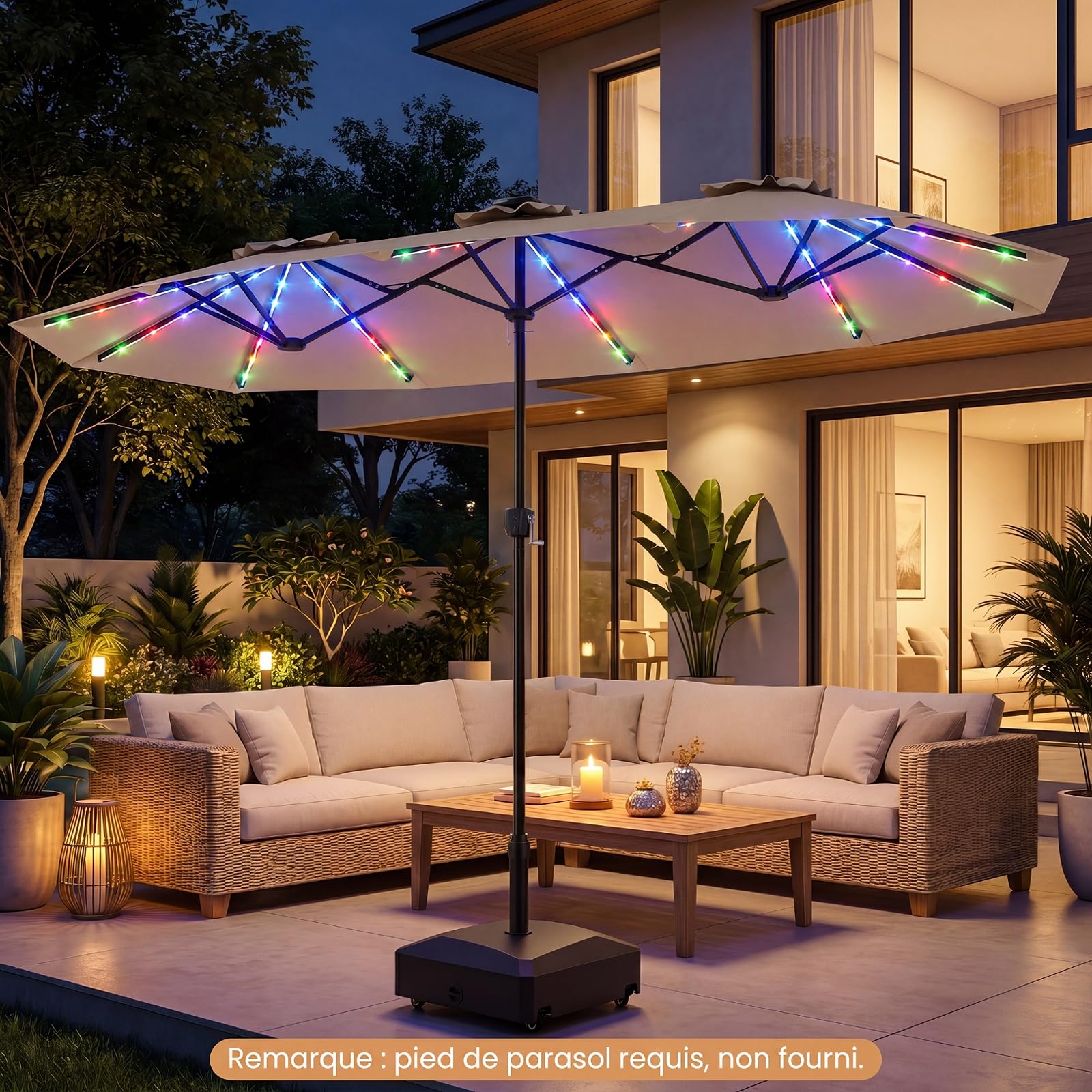 COSTWAY Parasol de Jardin Double 400 x 210 cm, Grand Parasol Rectangulaire avec LED, Manivelle Pratique, Structure à 12 Baleines, Protection Solaire pour Terrasse, Balcon, Camping (Marron)
