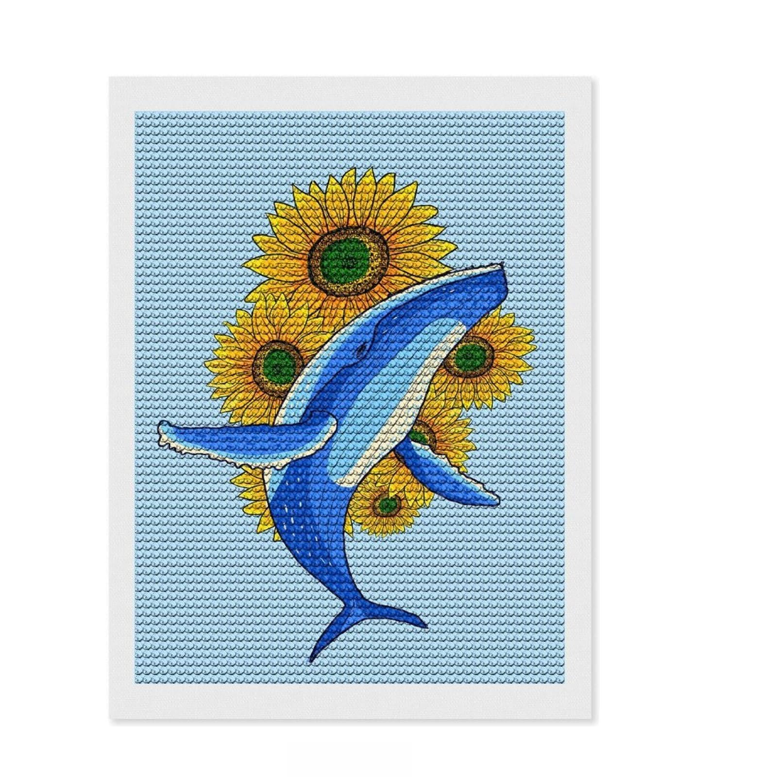 Junmoney Humpback Whale and Flower Diamond Style Art Kit 12"x16", Winter Craft, Gift Idea, Farmhouse Decor, Thoughtful Present, Office Decor
