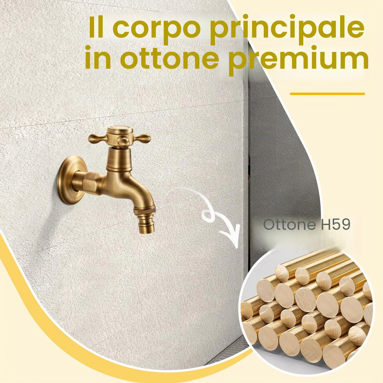 Rubinetto Giardino Ottone Antico per Lavatrice, Giardino, Esterno, Bagno e Cucina, Filettatura G1/2 (Solo Freddo)