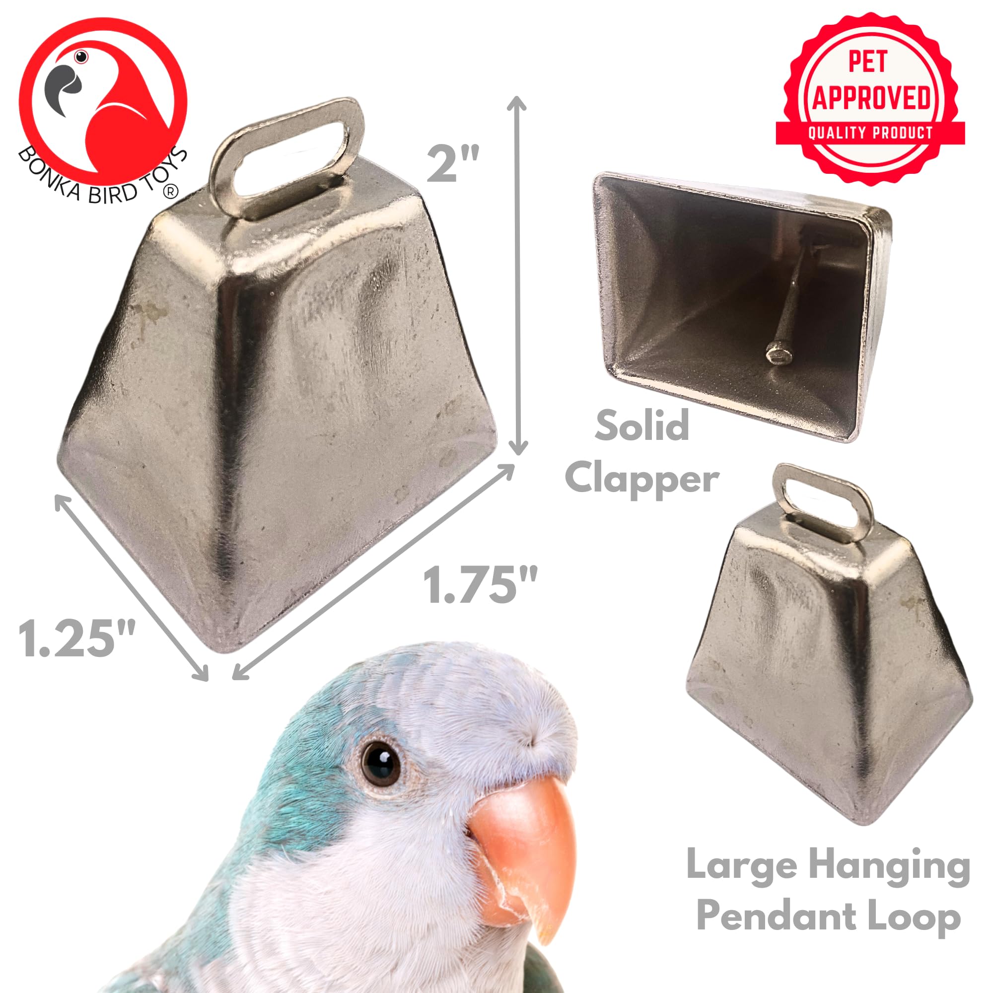 Bonka Bird Toys 1099 Pk4 Large Silver Cow Bells 2" Metal Bells for Small to Large Parrots DIY Bird Toy Parts Enrichment Accessories Conure Amazon Eclectus African Grey - image 2