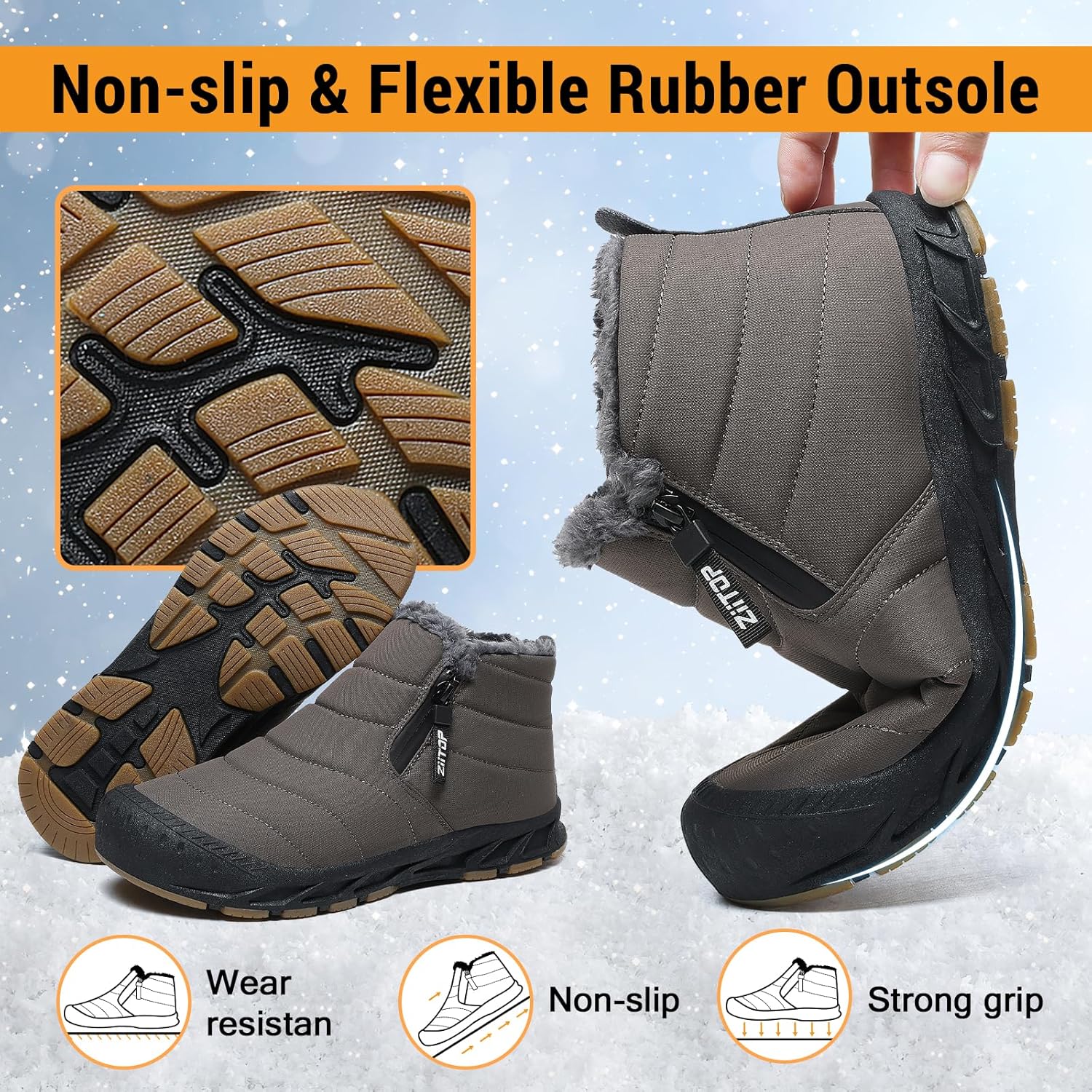 Snow Boots Mens Waterproof Winter Boots Fur Lined Warm Ankle Boots Zipper Closure Slip on Outdoor Boot Comfortable Walking Shoes - Image 4