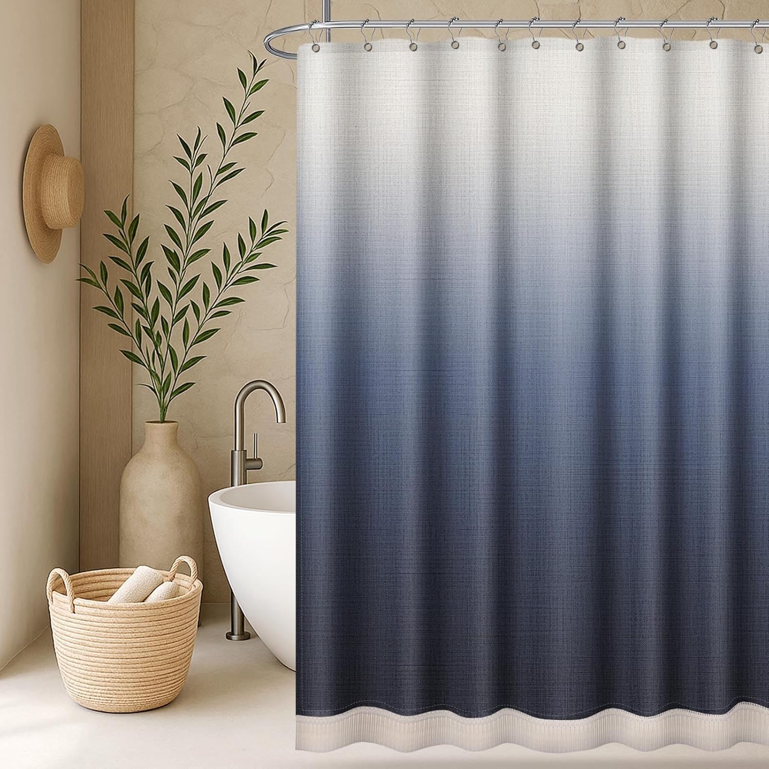 Emvency Boho Farmhouse Navy Blue Ombre Tassel Shower Curtain Set, Modern Bohemian Minimalist Neutral Linen Fabric Cloth Shower Curtains for Bathroom Decor 72 x 72 Inches with Upgraded Metal Hooks