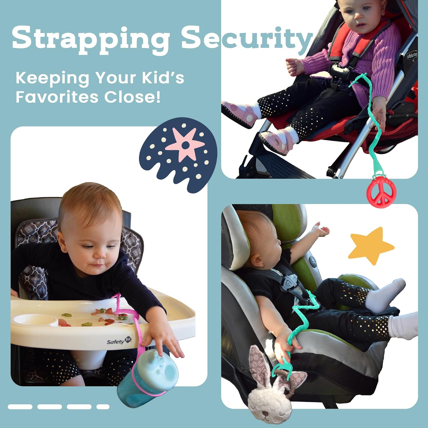 Brilli Baby Cup Catcher Patented Safety Tether Strap, Attach Sippy Cups, Bottles, Pacifiers & More to Stroller, High Chair, Car Seat, Made in USA, Food Grade, Dishwasher Safe, Pink/Lime