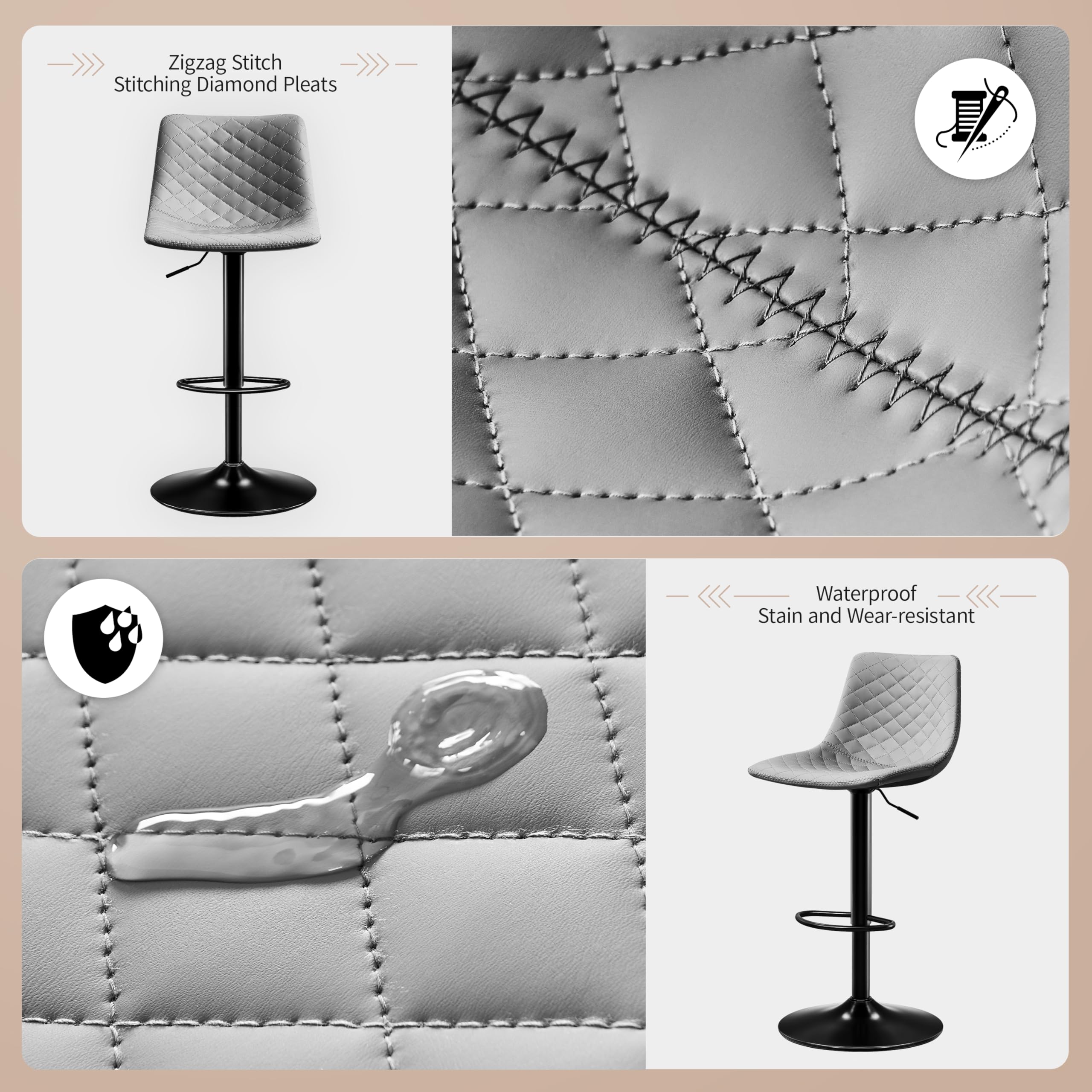 STOOLINK Chaise de Bar Lot de 2 Tabouret Bar avec Cuir Microfibre, Siège Bar Réglable pour Cuisine Chaises Bar avec Repose-Pieds pour 150kg, Convient pour Salle à Manger, Bar-Gris