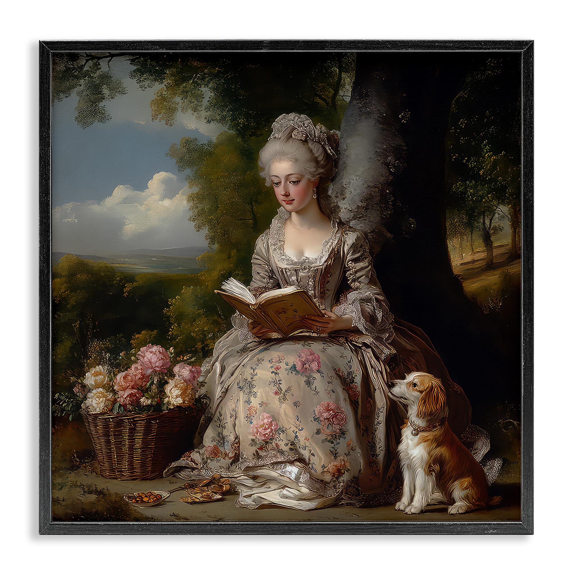 Stupell Industries Midnight Black (Textured) 'Rococo Lady With Dog'| Framed Giclee Art